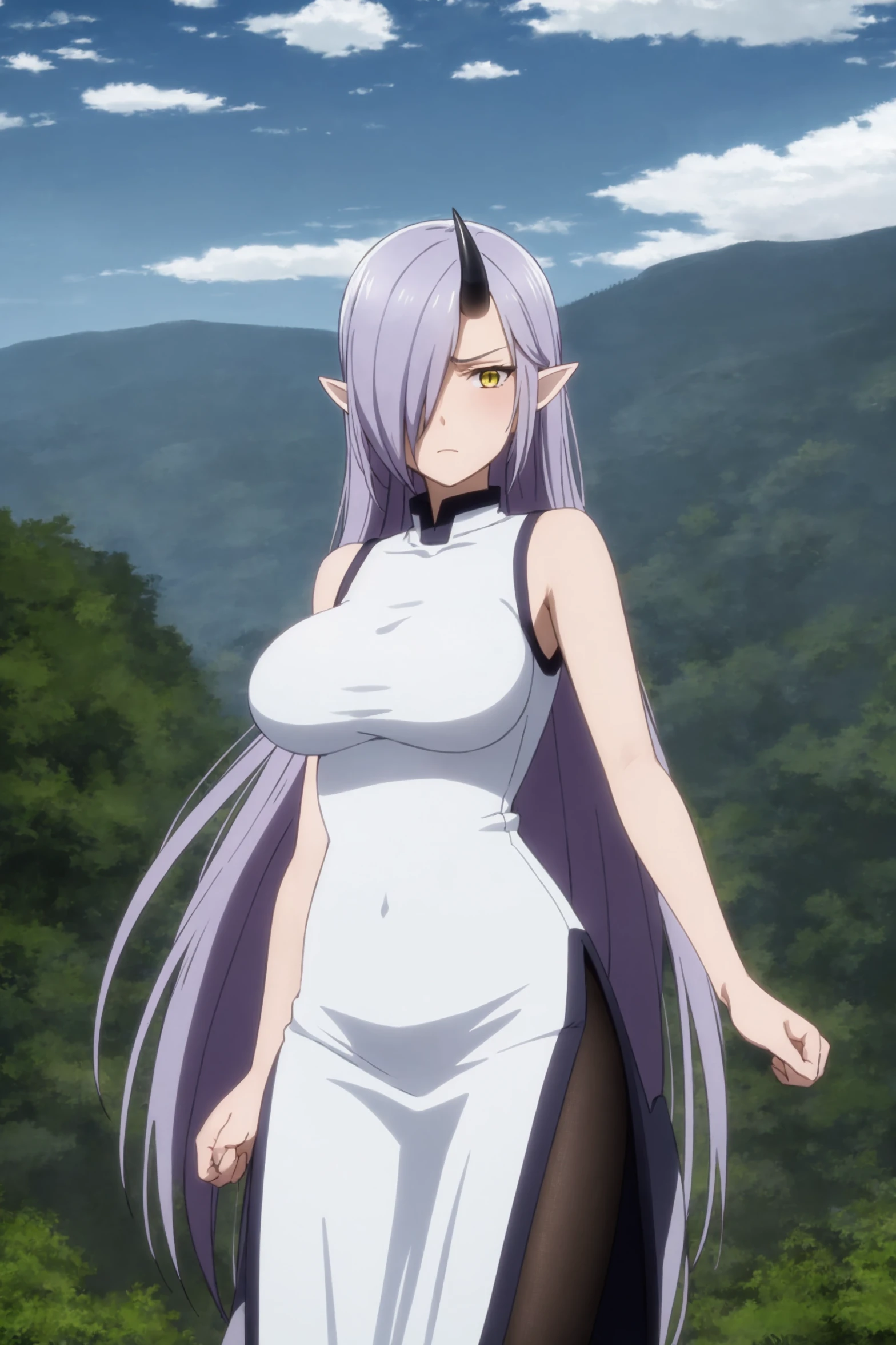 masterpiece, best quality, anime coloring
BREAK
kyarotto_olis, purple hair, very long hair, hair over one eye, pointy ears, yellow eyes, sleeveless dress, white dress, long dress, side slit, black pantyhose, large breasts, looking at viewer, single horn, serious, glaring
BREAK
1girl, solo
BREAK
nature, mountain, night, nigth sky, dark
<lora:kyarotto_PeachBoyRiverside_sd1.5_v1:1>