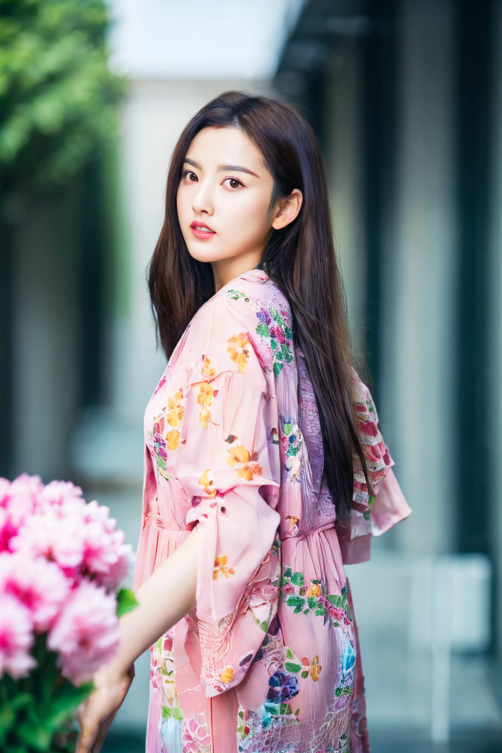 (masterpiece:1.2),(best quality:1.2),1girl,solo,looking at viewer,long hair,black hair,<lora:sze1:0.8>,outdoors,hair ornament,flower,blurry,brown hair,looking at viewer,lips,looking back,depth of field,portrait,long hair,blurry background,bangs,japanese_clothes,