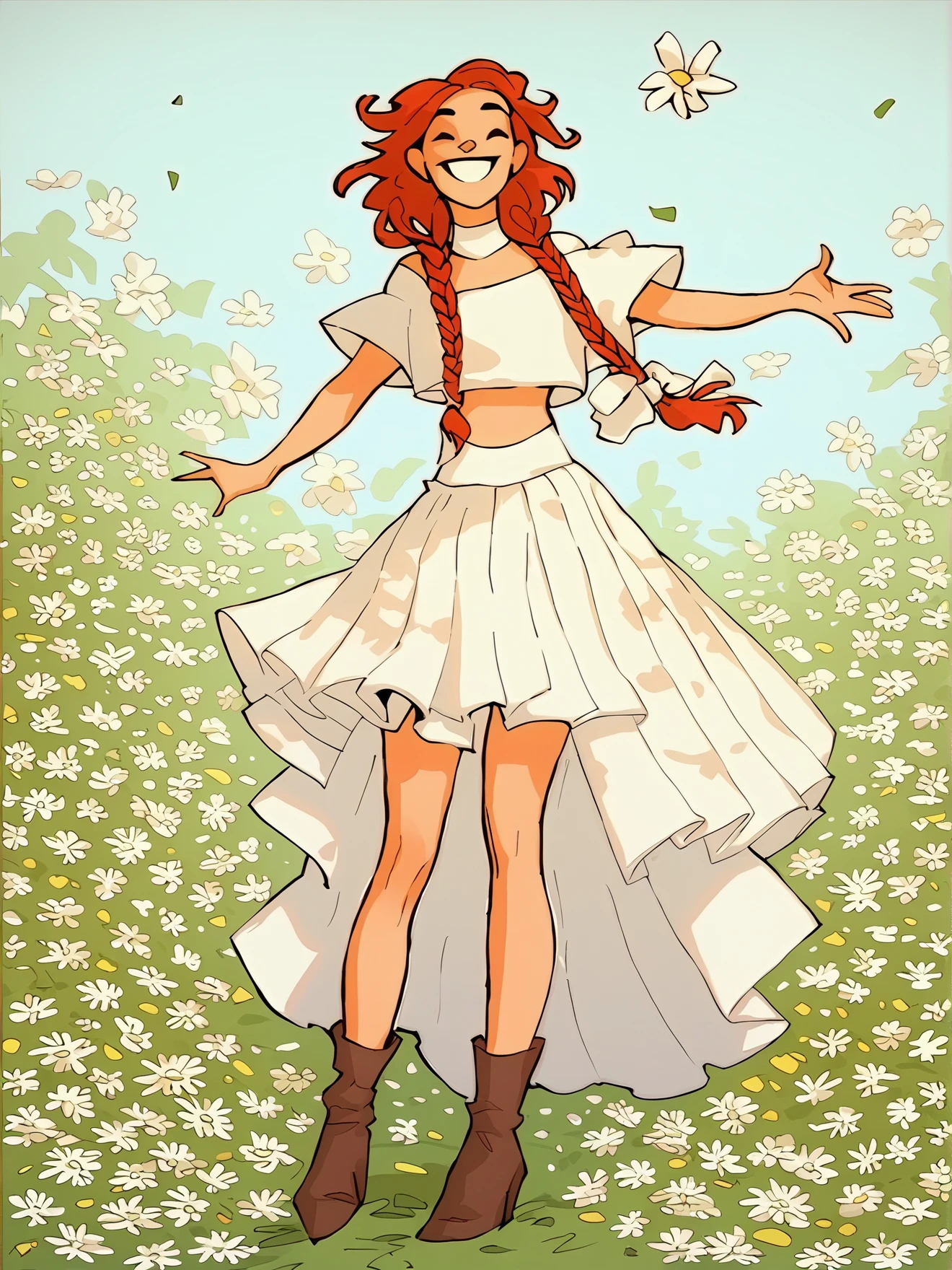 score_9, score_8_up, score_7_up, score_6_up,
1girl, smiling, white crochet crop top, red hair loose braided hair, short red pleated miniskirt, very high heel brown boots, standing, legs in view, flowers, smiling, elegant, attractive, full body show,
<lora:Oglaf_v0.2:0.9>