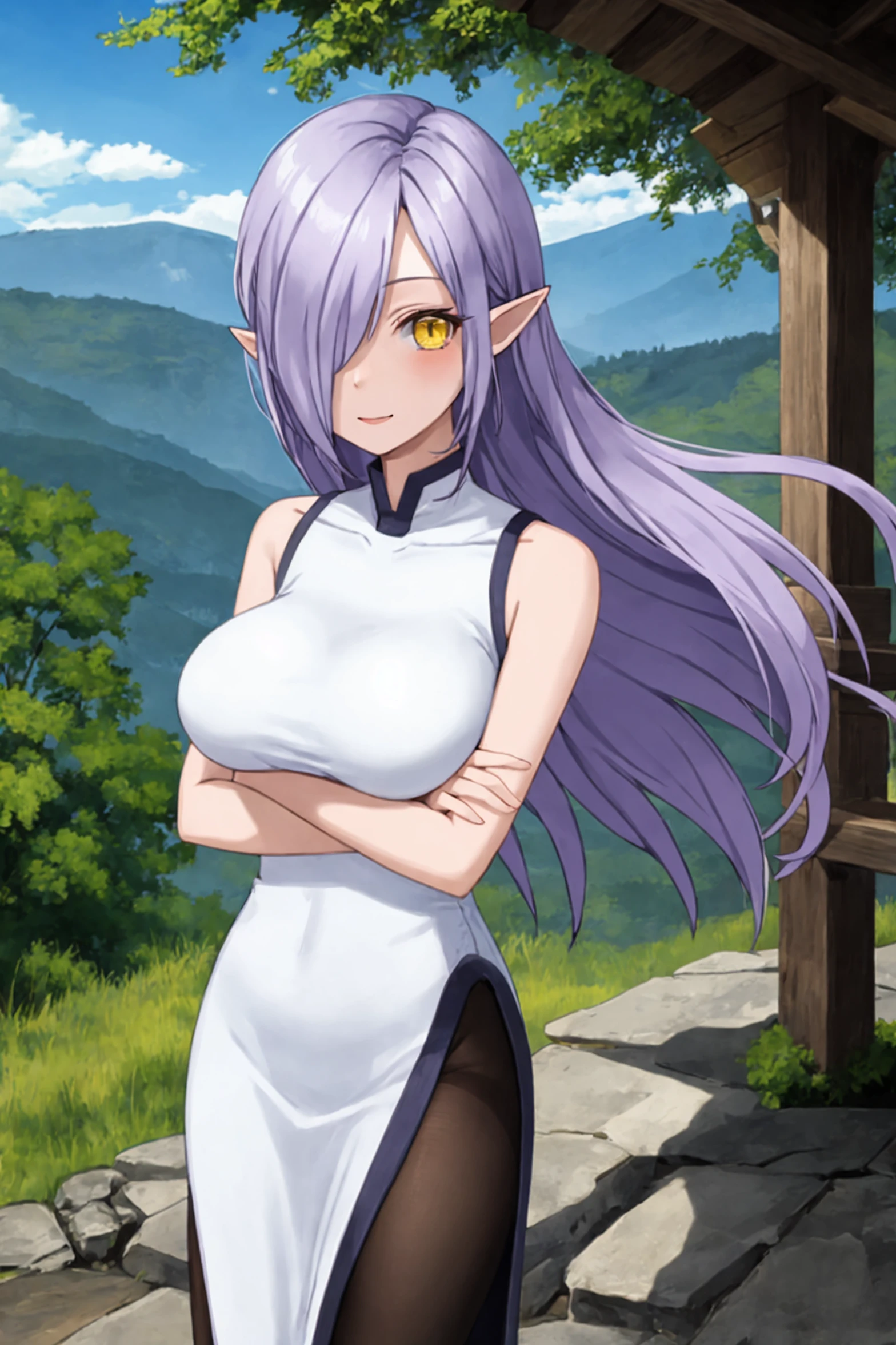 masterpiece, best quality
BREAK
kyarotto_olis, 1girl, solo, purple hair, very long hair, hair over one eye, pointy ears, yellow eyes, sleeveless dress, white dress, long dress, side slit, black pantyhose, large breasts, cowboy shot, looking at viewer, crossed arms, wind lift
BREAK
wind, nature, mountain, forest, blue sky
<lora:kyarotto_PeachBoyRiverside_sd1.5_v1:1>