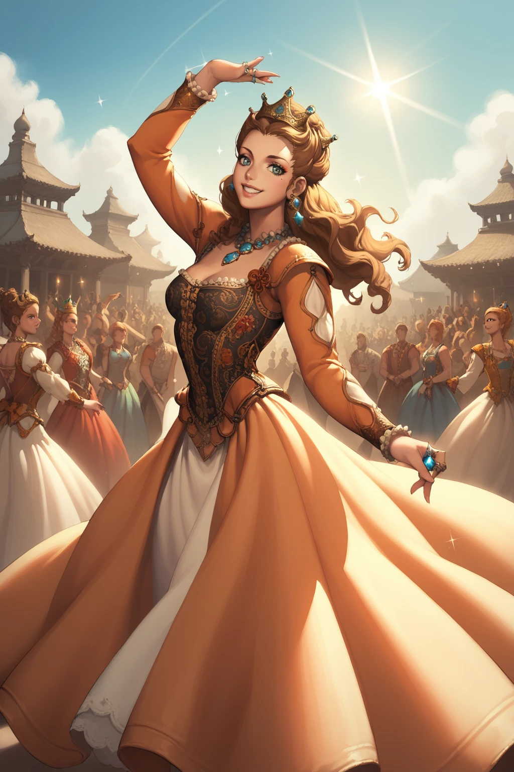 score_9, score_8_up, score_7_up, masterpiece, high quality
<lora:Anna HenriettaPonyLoRA:0.8>anhnritta, long hair, wavy hair, crown, mole under eye, earrings, dress, necklace, gem, ring, sexy smile, sexy pose, in a ballroom, dancing, dynamic pose, smile, sparkle, crowd in the dark, candle light, long sleeves
<lora:Blade&SoulPonyLyco:1> bns