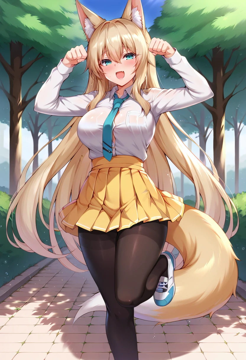 score_9,, score_7_up,1girl,animal ears,aqua eyes,arms up,black pantyhose,creature,dress shirt,fang,fox ears,fox girl,fox tail,full body,outdoors, park,hair between eyes,high-waist skirt,large breasts,light brown hair,long sleeves,looking at viewer,necktie,open mouth,panties under pantyhose,panty peek,paw pose,pleated skirt,shoes,standing on one leg,underwear,very long hair,white shirt,yellow skirt  <lora:zirba-Style-PonyXL-Dora-000048:1>