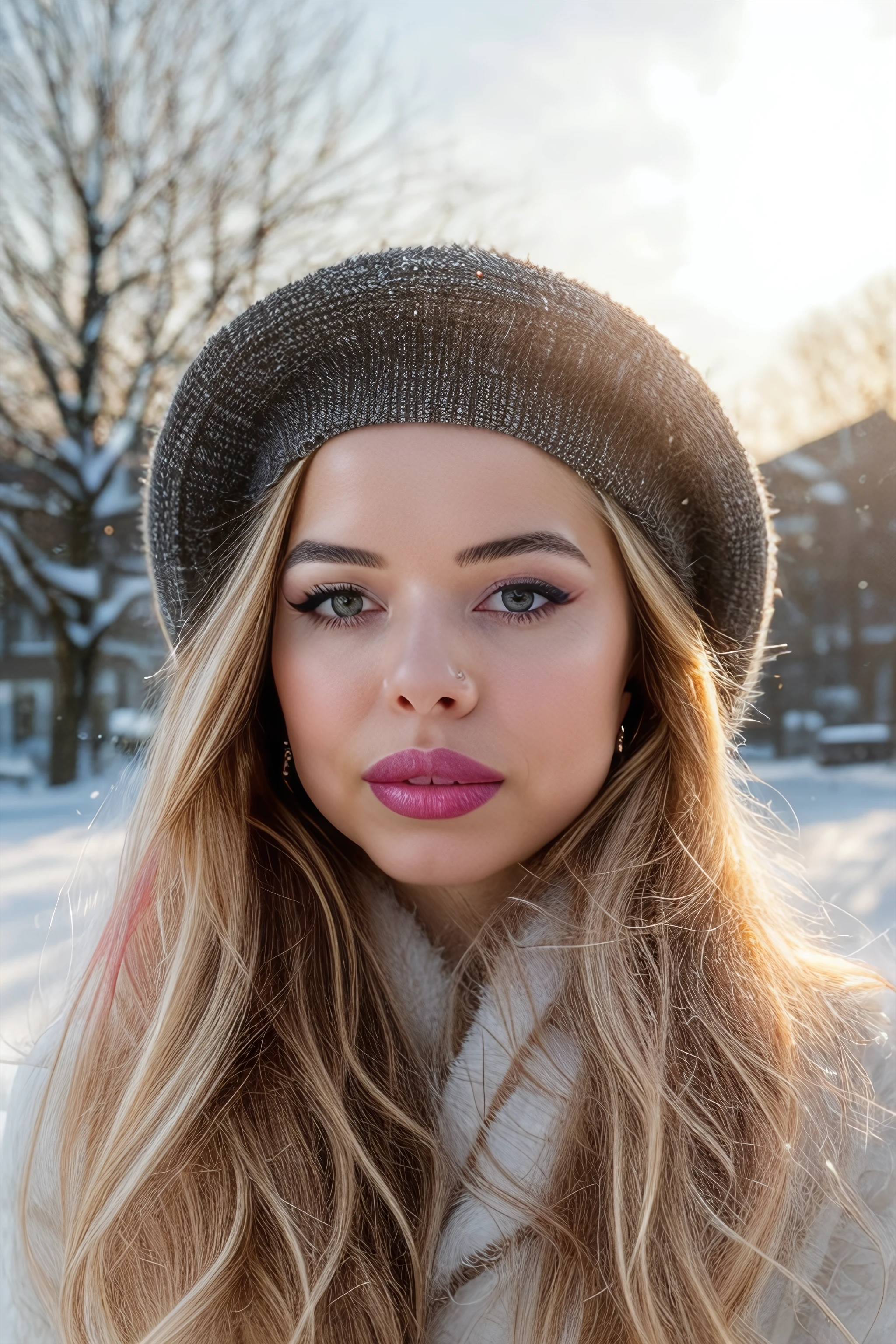 cinematic still yanya,  face features, lips, pale skin, portrait,glamour, blonde hair, smile, (makeup: eyeliner, blush, eye shadow, pink lips), bombshell, seductive, parka, hat, outdoors, snow, earrings, (looking at viewer), sunlight through hair, cute, <likenesshelpbyshurik3>:0.7 .   emotional, harmonious, vignette, highly detailed, high budget, bokeh, cinemascope, moody, epic, gorgeous, film grain, grainy . emotional, harmonious, vignette, highly detailed, high budget, bokeh, cinemascope, moody, epic, gorgeous, film grain, grainy