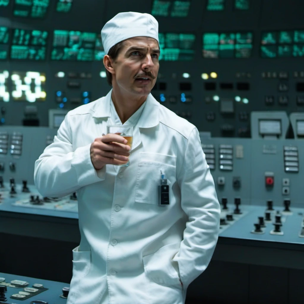 cinematic photo a tom cruise with a moustache in a white uniform drinks vodka in a nuclear powerplant control room <lora:Technician1024:0.8> . 35mm photograph, film, bokeh, professional, 4k, highly detailed