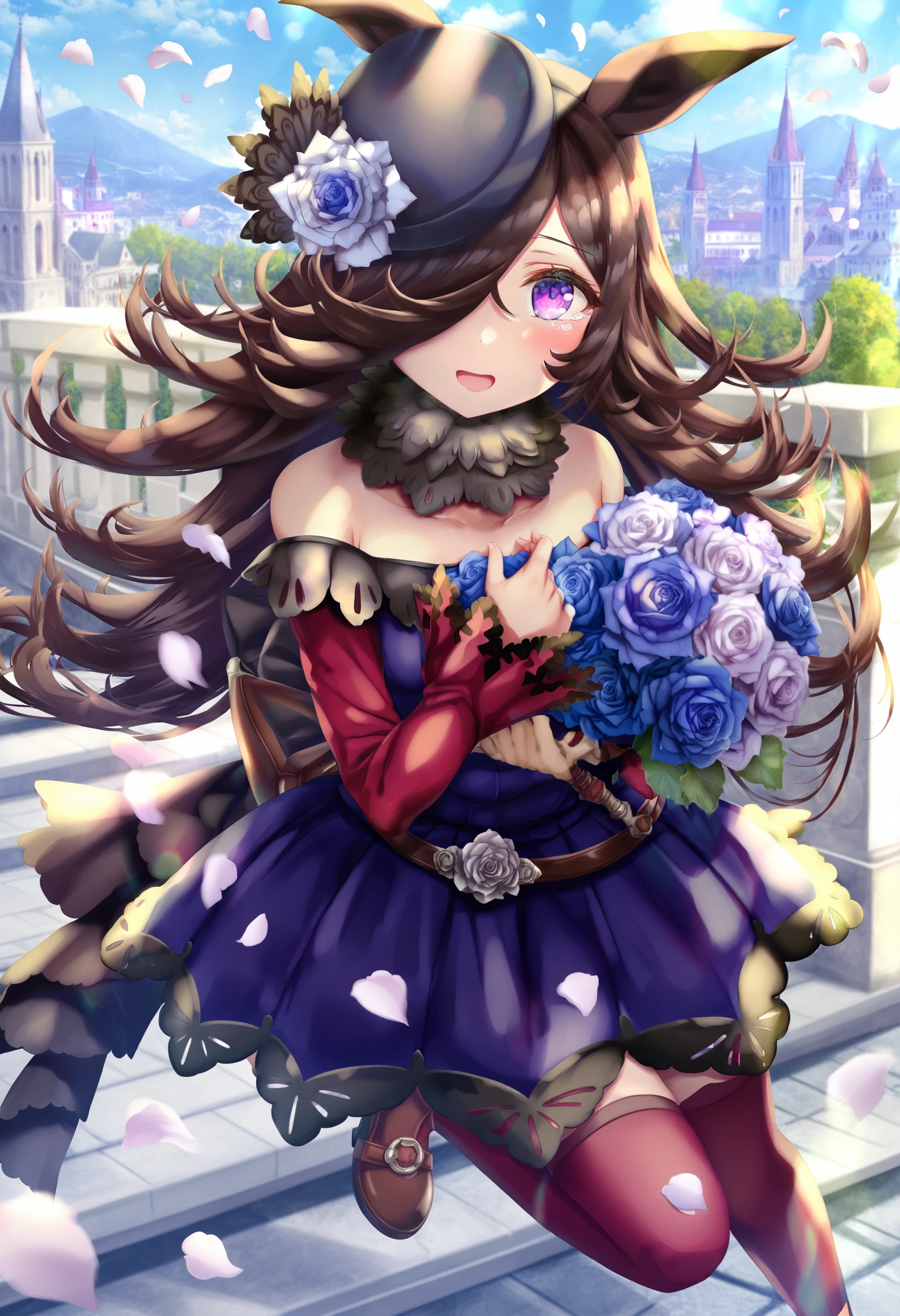 masterpiece, best quality,1girl, rice shower \(umamusume\),  solo, horse ears, flower, bouquet, animal ears, hair over one eye, hat, purple eyes, rose, long hair, dagger, knife, horse girl, holding bouquet, off-shoulder dress, looking at viewer, dress, blue flower, holding, off shoulder, weapon, sheath, horse tail, blue rose, brown hair, tail, long sleeves, sheathed, hat flower, petals, tears, black headwear, outdoors, blush, bare shoulders, blue dress, day, tilted headwear, open mouth, thighhighs, white flower, red thighhighs, :d, blue sky, high heels, :o, cloud, breasts, brown footwear, smile, small breasts, pleated dress, very long hair, white rose, shoes, flying sweatdrops, white background, sky
 <lora:torinoXLlokr8f-000182:0.95>