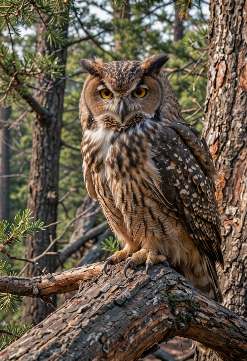 closeup big owl sitting on branch, desolate black rocks, rim light, vibrant hdr, 8k, dark moody, single pine tree,