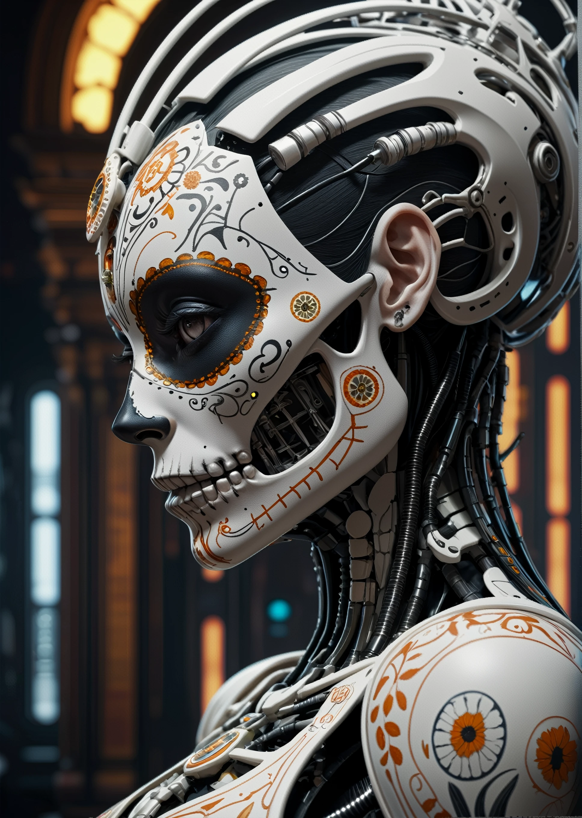 ultra detailed side portrait of female android, beautiful attractive woman with white skine, (dia de los muertos), face is decorated with intrincate catrina patterns, female cyberpunk android, very white skine, intrincate robot body, very intrincate skull decoration, catrina, sharp focus, sci - fi, fantasy, octane render, unreal engine, trending on artstation, 8k texture, rich texture details, extremely detailed, ultra high quality model, dramatic light, ray tracing
ultra detailed side portrait of female android, looking at viewer beautiful attractive latina woman with white skine, (dia de los muertos), cyberpunk, face is decorated with bone art deco patterns, female android, very white skine, intrincate robot body, skull decoration, catrina, sharp focus, sci - fi, fantasy art, digital illustration. octane render, unreal engine, global illumination, intricate detailed. art by giger and greg rutkowski, intricate details, 16k texture, rich texture details, extremely detailed, ultra high quality model, trending on artstation