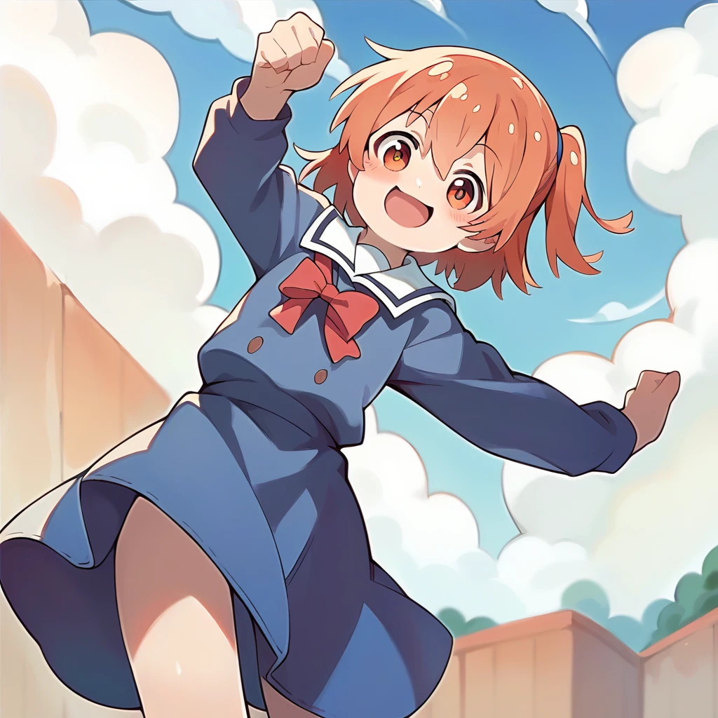 score_9, score_8_up, score_7_up, source_anime, masterpiece, 1girl, hinata, one side up, blue dress, white sailor collar, white long sleeves, red bow, happy, blush, cowboy shot, blue sky, clouds, looking at viewer, standing on one leg, <lora:HinataHoshinoPONYXL:0.8>