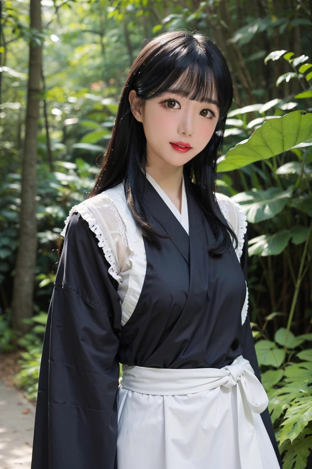 ,wxc_adl_aaa,1girl,solo,black hair,looking at viewer,realistic,parted lips,bangs,long hair,lips,smile,close-up,
the girl was walking in the forest wearing hanfu and white stockings,<lora:adl2-010:0.5>, Original photo, (best quality: 1.1), (photorealism: 1.2),