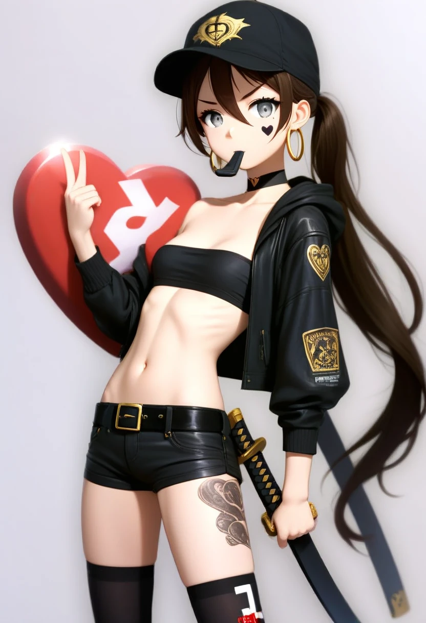 (score_9,score_8_up,score_7_up,perfect eyes,very aesthetic,incredibly absurdres,reality,realistic,hyper detailed,reality,beautiful face),1girl,qian_ye,abs,baseball cap,belt,belt buckle,black belt,black choker,black footwear,black hat,black jacket,black shorts,black thighhighs,blurry,blurry background,breasts,brown hair,buckle,choker,closed mouth,collarbone,depth of field,earrings,facial tattoo,full body,grey background,grey eyes,hair between eyes,hat,heart,heart tattoo,holding,holding sword,holding weapon,hood,hood down,hooded jacket,hoop earrings,jacket,jewelry,katana,long hair,long sleeves,looking at viewer,midriff,mouth hold,navel,open clothes,open jacket,ponytail,shadow,sheath,shoes,short shorts,shorts,simple background,small breasts,solo,standing,strapless,sword,tattoo,thighhighs,tube top,unsheathed,v-shaped eyebrows,very long hair,weapon,<lora:qian-ye-xl:1>,