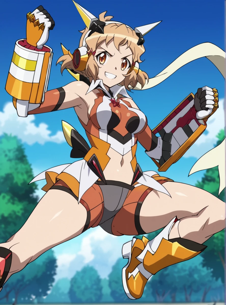 score_9, score_8_up, score_7_up, score_6_up, score_5_up, score_4_up, source_anime, masterpiece , anime screencap, anime_lineart anime coloring, <lora:TachibanaHibiki:1>tachibana hibiki (symphogear),1girl, solo, gloves, headphones, scarf, gauntlets,(navel cutout), thick thighs, thick arms, smile, jumping, blue_sky