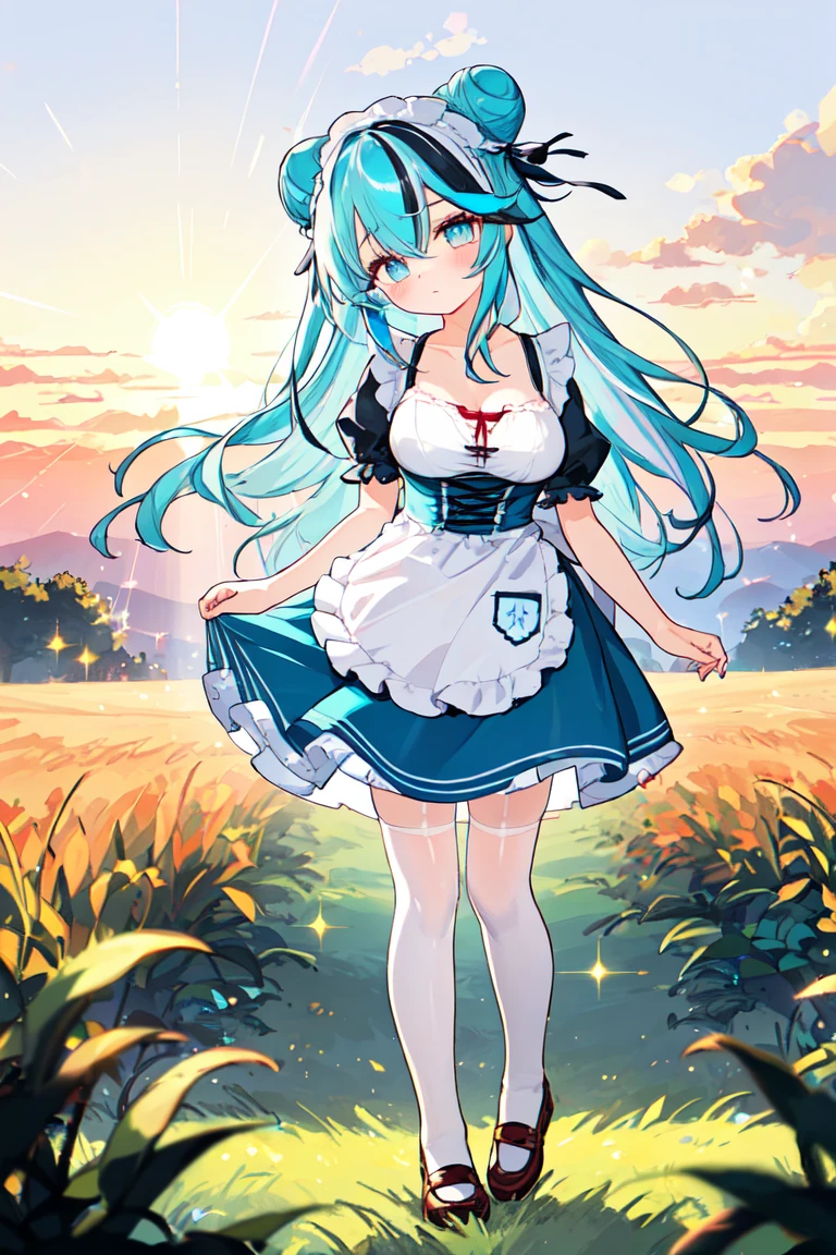 1girl kawaii petite minor eyeliner skindantation large breasts (eyes visible through hair)
turquoise eyes,
bright indigo hair,
long hair ,
single hair bun,
streaked hair ,
bangs,
hair flaps ,
whiskers,
,
head_tilt standing
burgundy dirndl, apron, white blouse thighhighs bulb_toe_shoes
Foggy Field, warm light sunset, rays light sparkles lens flare deep shadows, depth of field peerless scenery sentimental