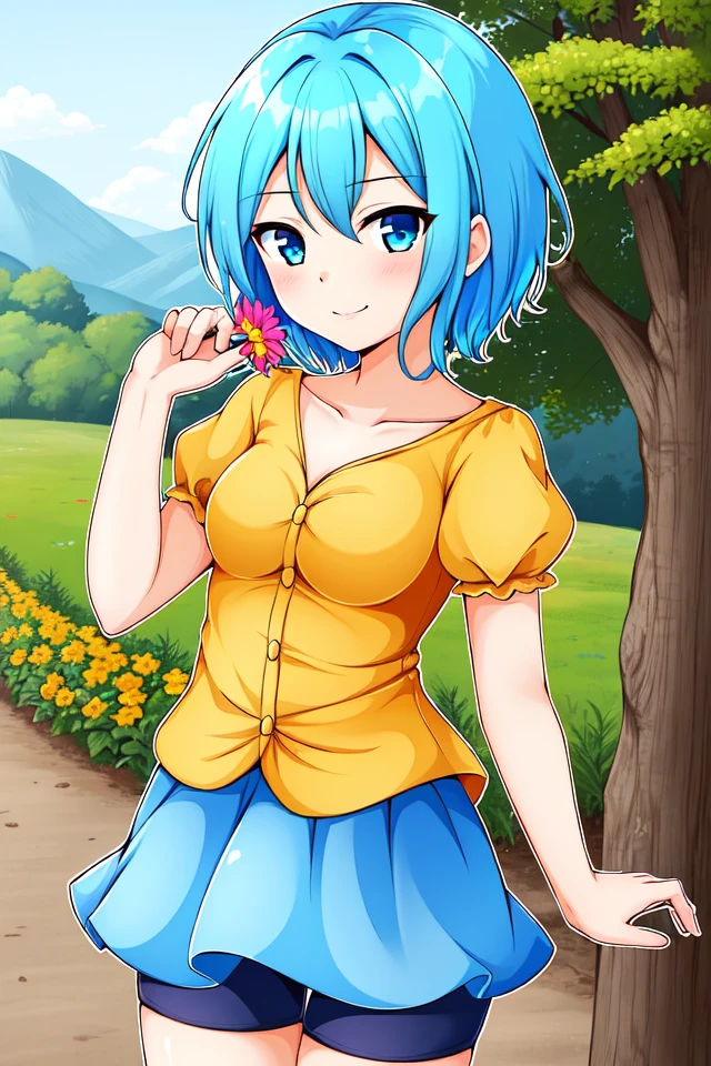 1 girl, outdoors, forest, flowers,
 <lora:Illusion_of_Gaia_-_Lilly:0.7> gaialilly, short hair, pixie cut, messy hair, light blue hair, blue eyes,
yellow blouse, juliet sleeves, short sleeves, blue shorts, shorts under skirt,