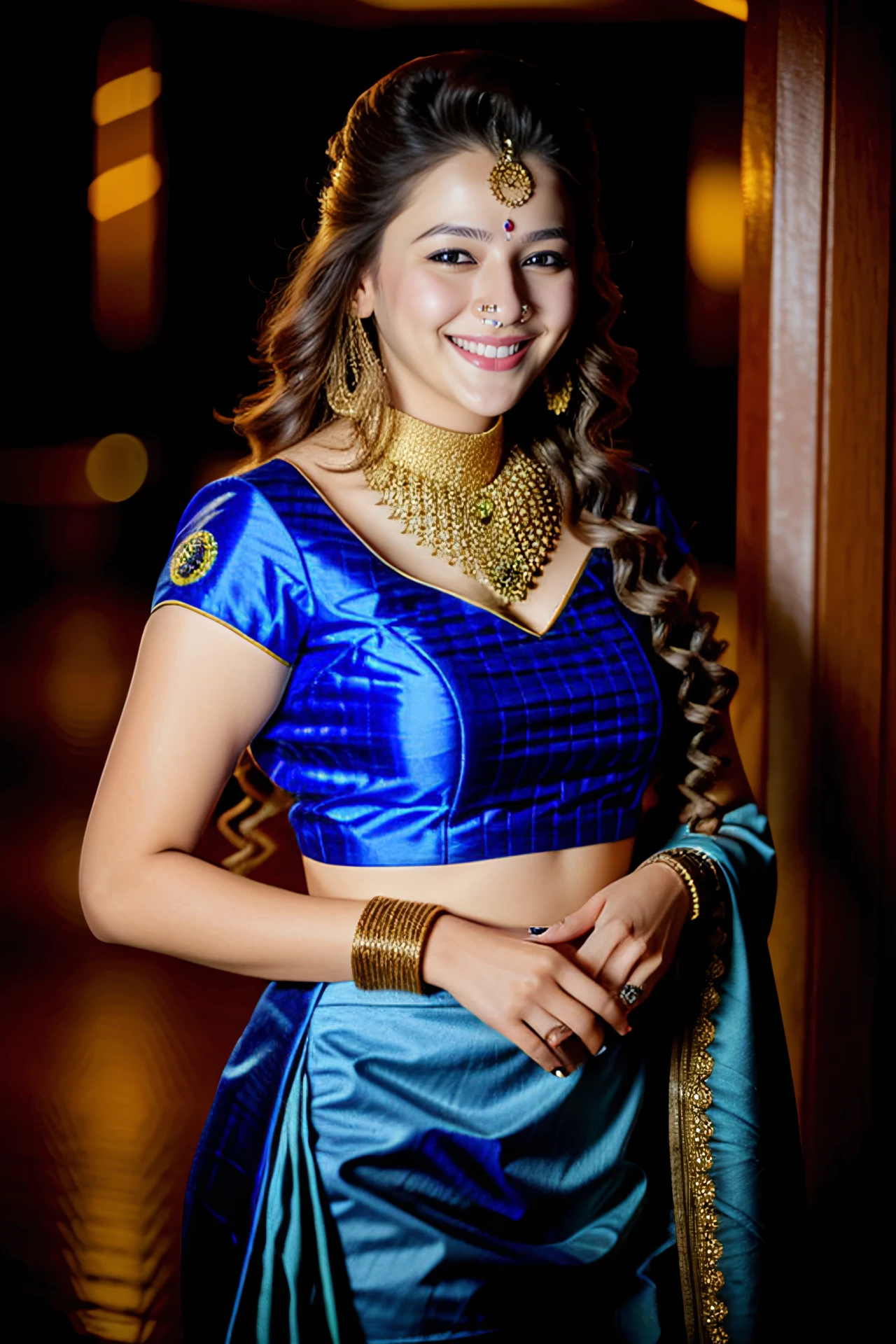 photo of a pryl woman, wearing conservative intricate Sapphire ethnic clothing, solo, laughing night time, city lights  in background bokeh, cinematic lighting,     <lora:pryl_Priyal_Gor_SD15_LoRA_prodigy_local_regs_HNepochs-000015:1>