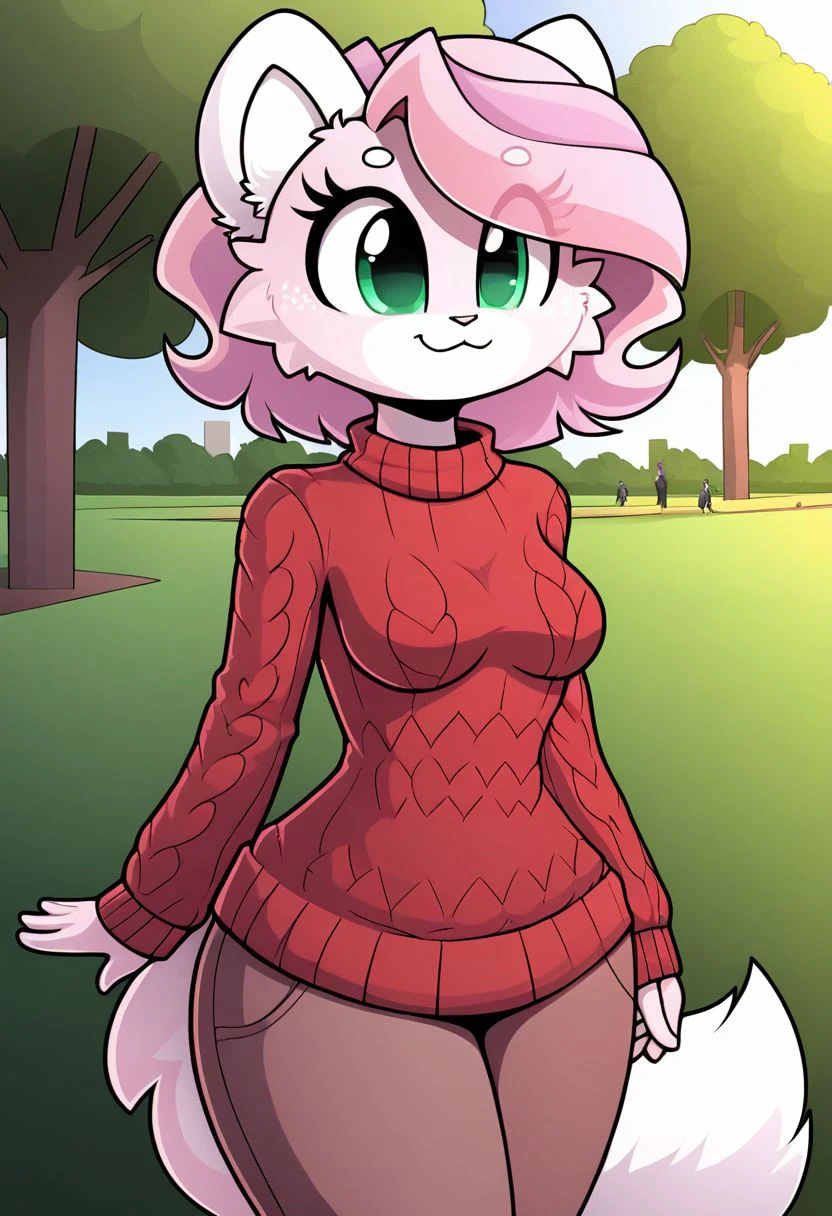 Source:anime, source:cartoon, sfw, Sakukitty, cat, furry, anthro, short, petite, two-tone hair, green eyes, solo, smile, fluffy tail, curvy hips, medium breasts, sweater and pants, fall, park, people in back ground,