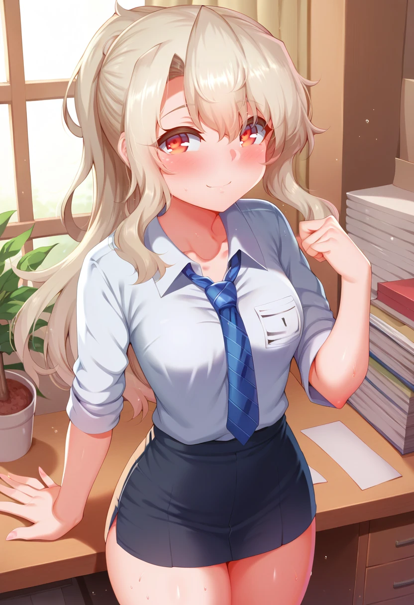 score_9, score_7_up, 1girl,red eyes, smug, office, whtie hair, medium breasts,long hair, bob cut, cowboy shot, standing, ponytail, Illya \(fate/kaleid liner prisma illya\), <lora:zirba-Style-PonyXL-Dora-000048:1>