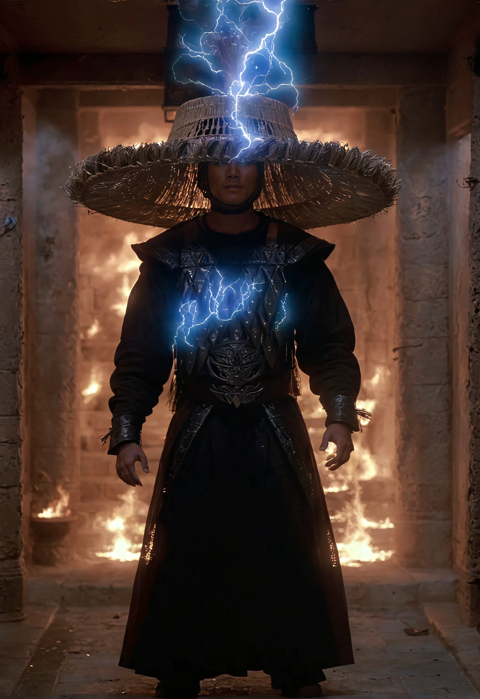 high resolution photo of lghtn man, lightning eyes,conjuring lighting, wearing a hat,raised hands,full body shot,bokeh,depth of field,masterpiece,volumetric fog,volumetric lighting,film grain,in a hallway full of fire