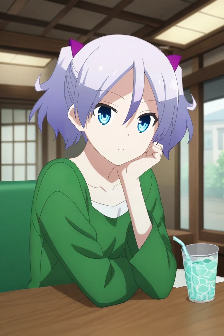 score_9, score_8_up, score_7_up, source_anime, rating_safe, intricate details, anime screencap, anime coloring, official style, , depth of field, 1girl, solo, <lora:kaname_arisugawa_pony:0.94>, kaname_arisugawa, purple hair, blue eyes, short hair, twintails, short twintails, hair between eyes, symmetry, restaurant, midnight, breast rest, :\3, , <lora:sdxl_lightning_8step_lora:1>