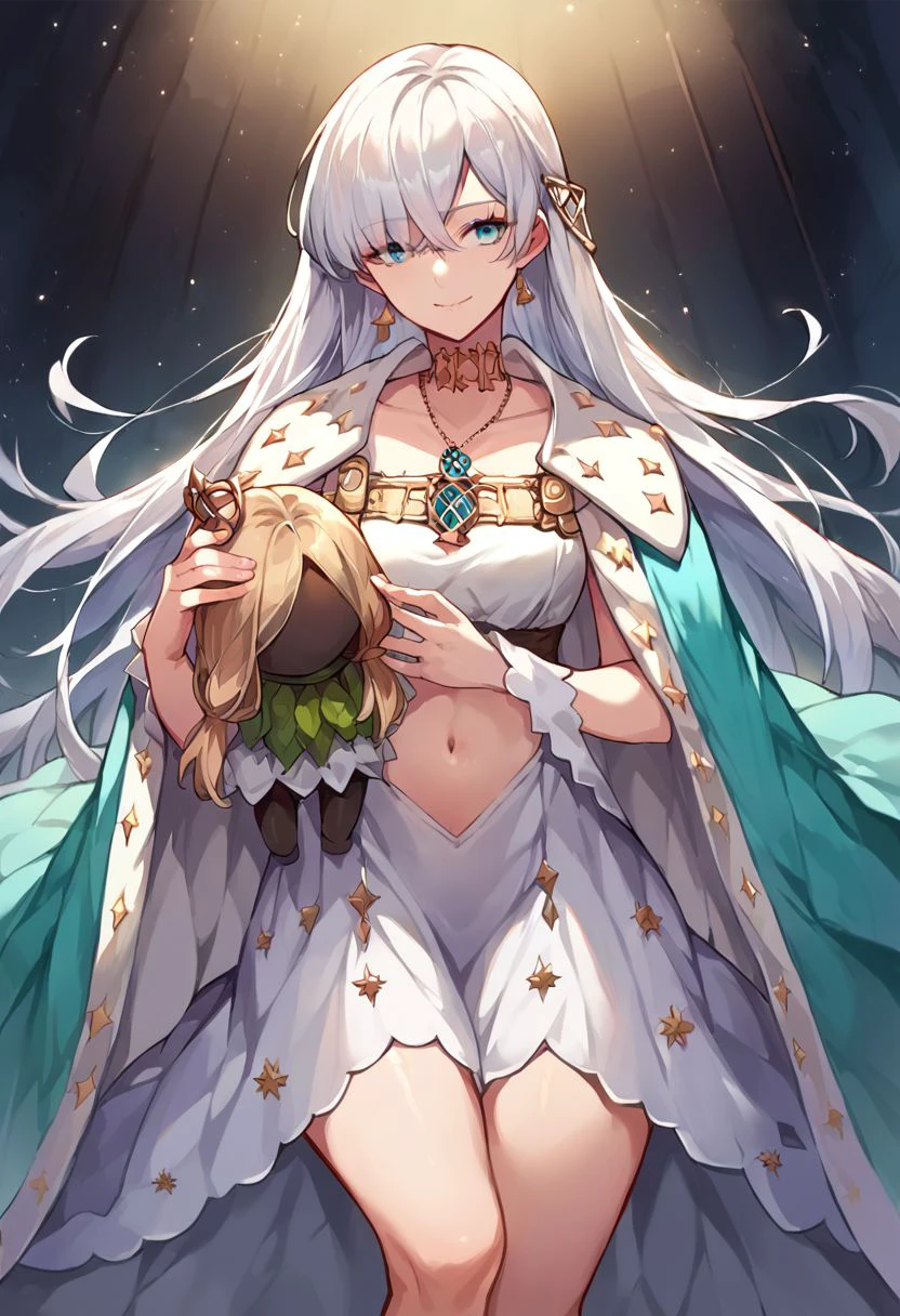 score_9, score_8_up, score_7_up, source_anime, 
anastasia (fate), collarbone, smile, viy (fate), white dress, thighs, necklace, cape, holding doll, navel, closed mouth