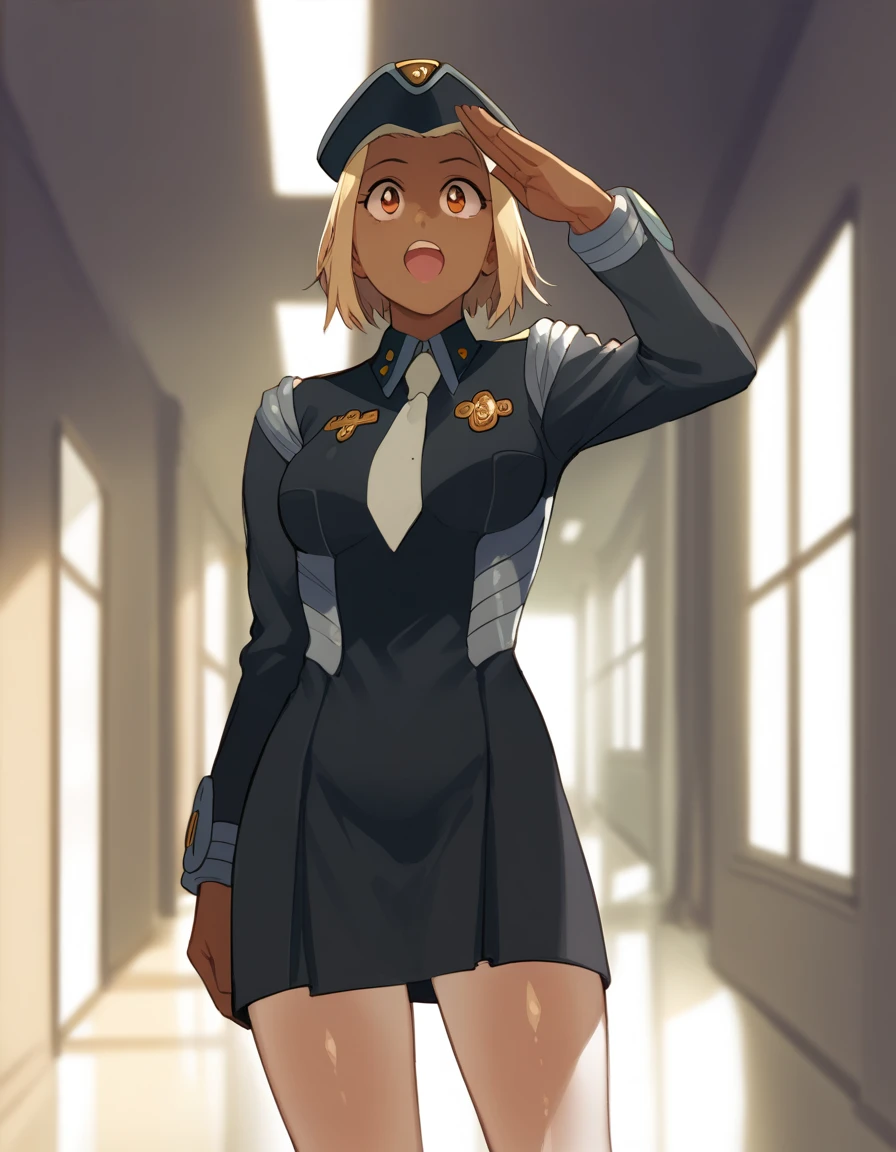 score_9, score_8_up, score_7_up, score_6_up, score_5_up, score_4_up <lora:kitsurubami-ponyxl:1> kitsurubami, military uniform, necktie, pantyhose, dark-skinned female,
1girl, solo, salute, looking up, open mouth, standing, legs together, hallway, ceiling light, dramatic lighting