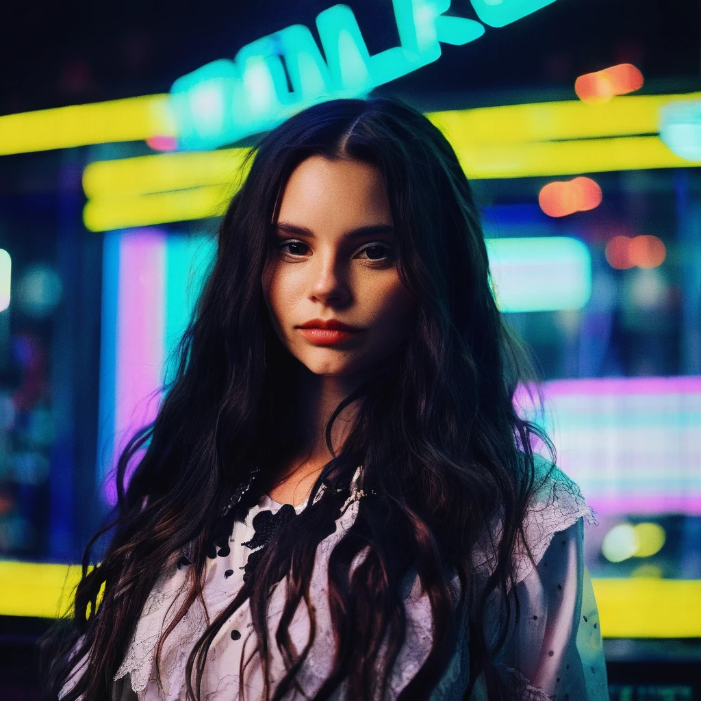 Photo of a woman with long wavy hair,portrait,kodachrome, neon,cyberpunk, ,elxpowell, <lora:elpowell_juggerX_xl_1_standard_wocap-elxpowell-000092:1>