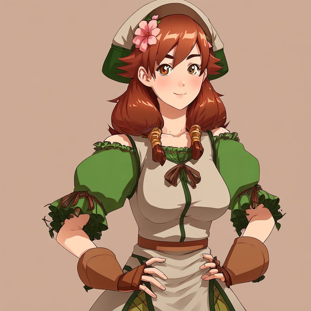the anime girl is wearing an ornate outfit in green and white, 1girl, solo, brown hair, hat, hands on hips, brown eyes, smile, gloves, flower, simple background, white background, looking at viewer,a female anime character with red hair, green or blue dress and green/brown shoes, 1girl, solo, brown hair, hat, hands on hips, brown eyes, smile, gloves, flower, simple background, white background, looking at viewer