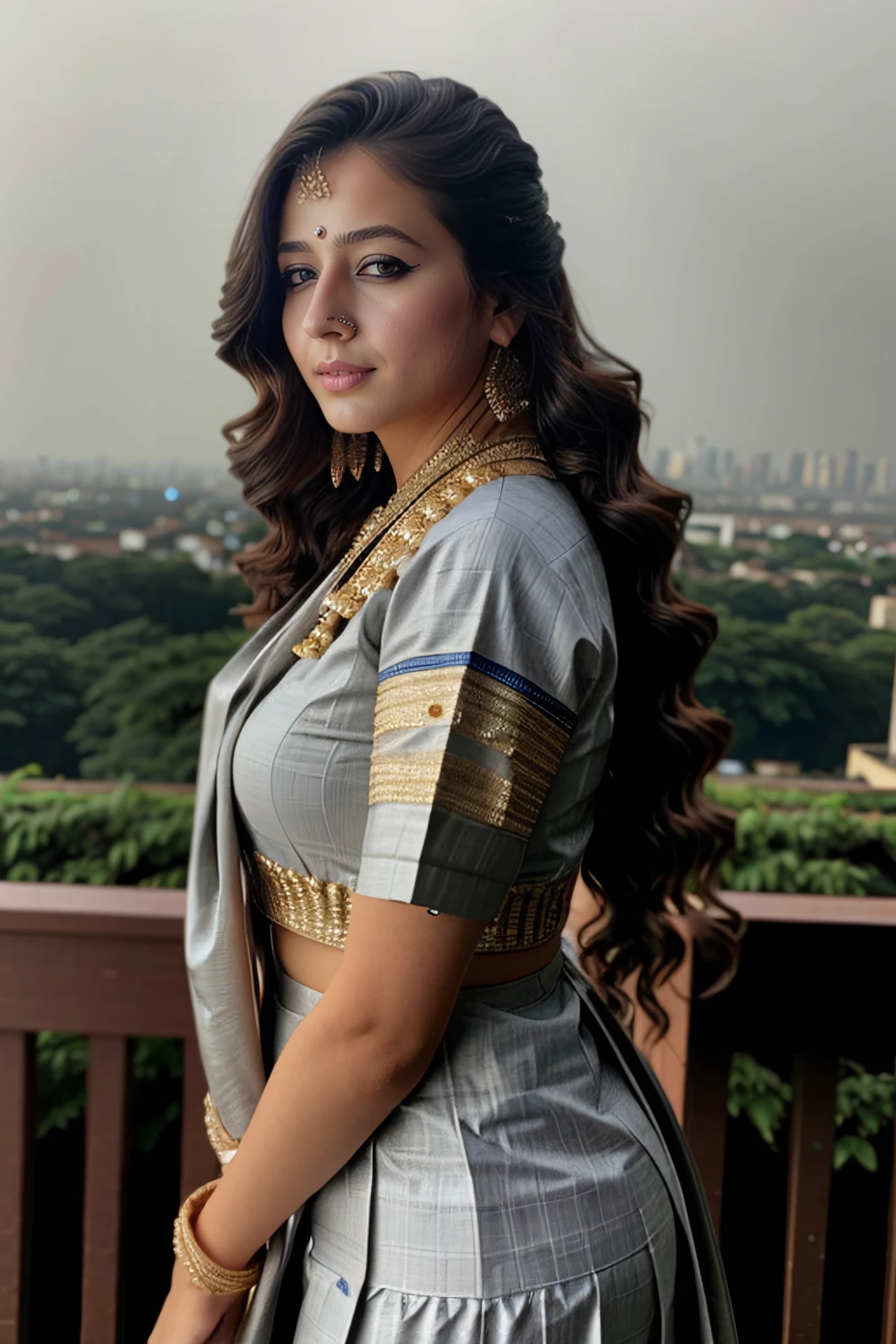 photo of a pryl woman, wearing conservative intricate Grey ethnic clothing, solo, serious look night time, city lights  in background bokeh, cinematic lighting,     <lora:pryl_Priyal_Gor_SD15_LoRA_prodigy_local_regs_HNepochs-000015:1>