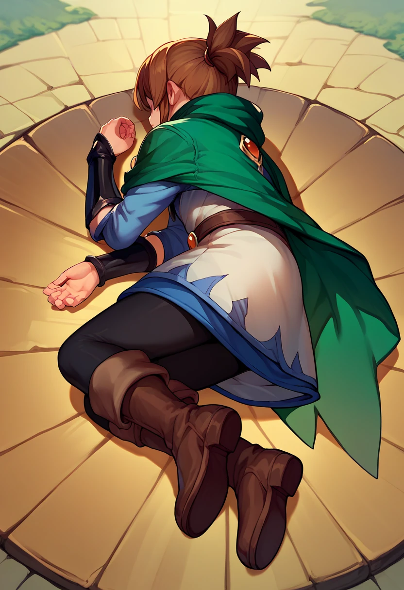 score_9, score_8_up, score_7_up, source_anime, solo, 1girl, marci, lying, on side, ponytail, jacket, brooch, green cape, vambraces, black leggings, belt, brown boots <lora:meme_yamchapose_ponyXL:1> <lora:dota2_marci_ponyXL:1>