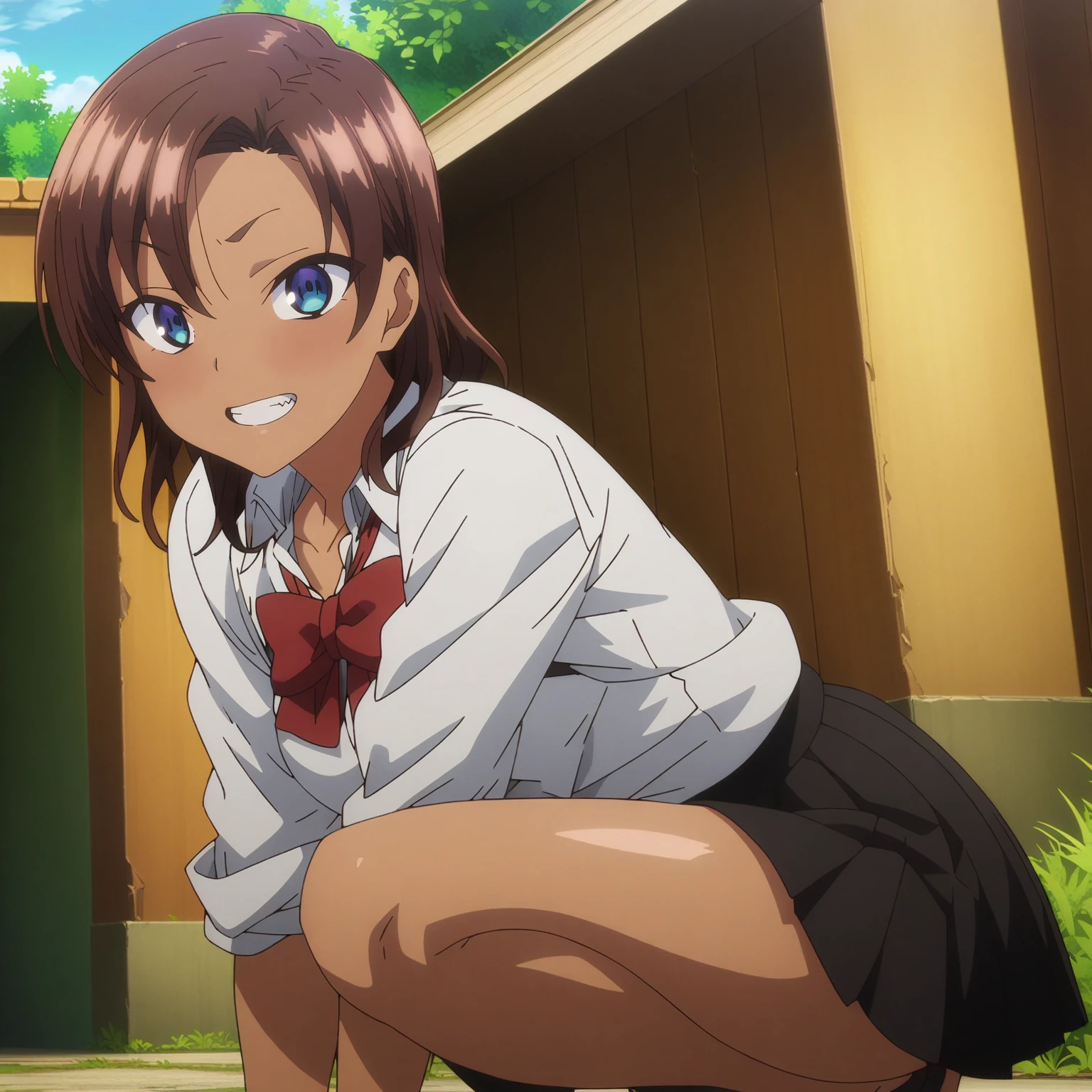 <lora:SaeHinataXL001>,<lora:bold-16oa:-0.5>,
masterpiece,best quality,ultra-detailed,8K,best illustration,very aesthetic,absurdres,anime screencap,official art,
looking at viewer,blush,grin,
solo,
SaeHinata,1girl,brown hair,medium hair,blue eyes,dark-skinned female,
white shirt,red bowtie,sleeves rolled up,
pleated_skirt,black skirt,
outdoors,
full body,squatting,