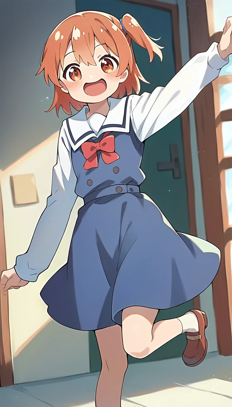 score_9, score_8_up, score_7_up, source_anime, masterpiece, rating_safe, 1girl, solo, hinata, one side up, blue dress, white sailor collar, white long sleeves, red bow, happy, blush, indoors, looking at viewer, standing on one leg, cowboy shot, <lora:HinataHoshinoPONYXL:0.8>