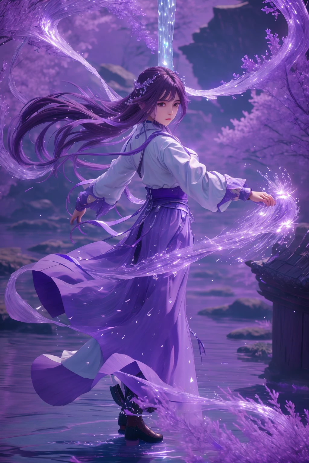 purple-water-aura,using purple-water-magic,purple-water-magic,ancient-costume,dancing,fighting stance,1girl,solo,long hair,brown hair,<lora:magic_fighting_purple_512_15:0.8>,