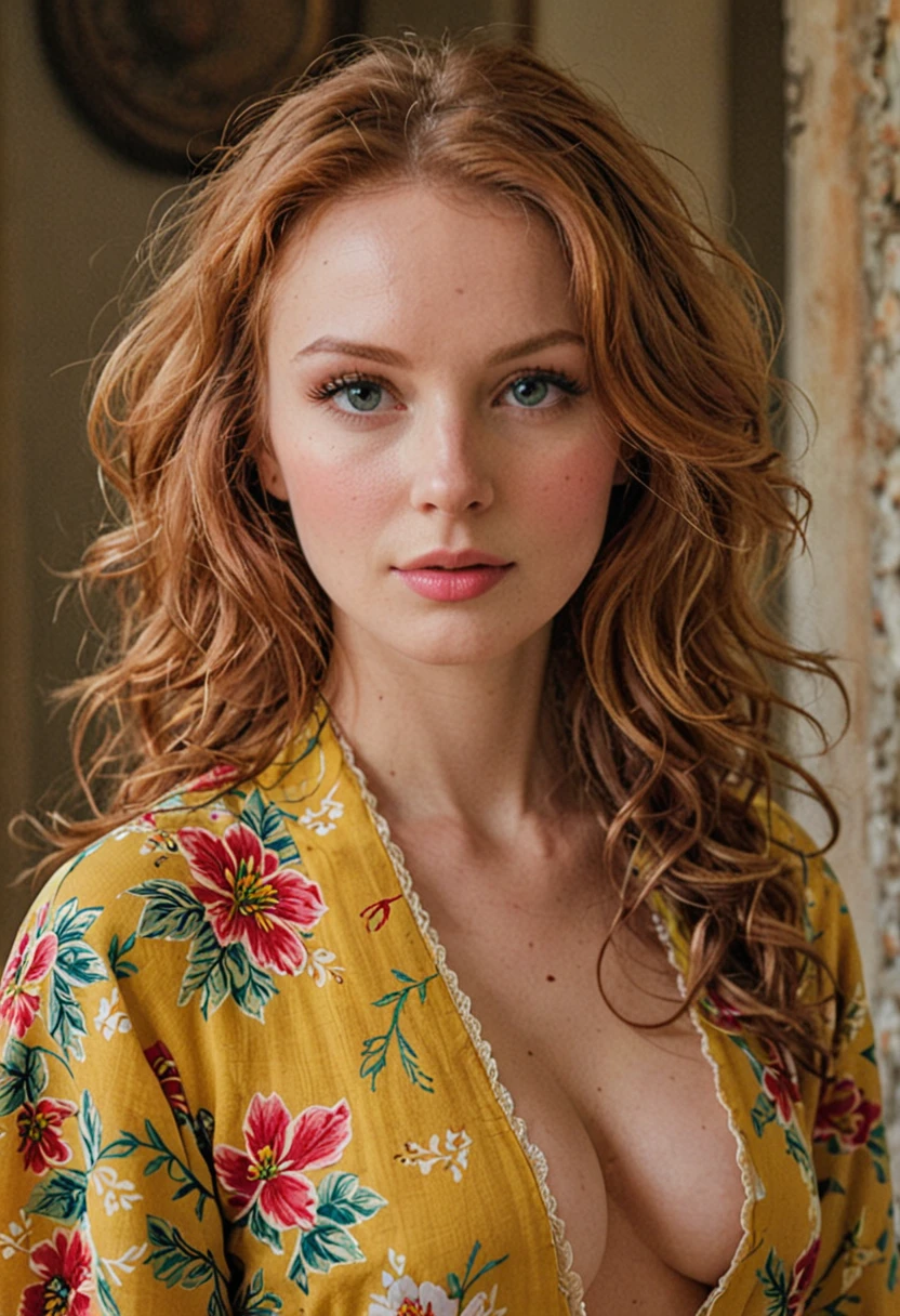 Modelshoot (Candid 1.3) photo of a vivacious 28-year-old polish supermodel, fullbody view, Striking eyes, voluminous wavy red hair, coy expression, lipgloss, wearing intricately detailed Yellow Kimono, looking at viewer, (upper body shot:1.5) Natural lighting, shot using a Leica T in the style of (Daniel Jackson:1.3) High detail, intricate, detailed face, detailed eyes, detailed skin, Shallow Depth of Field, Rustic Background,