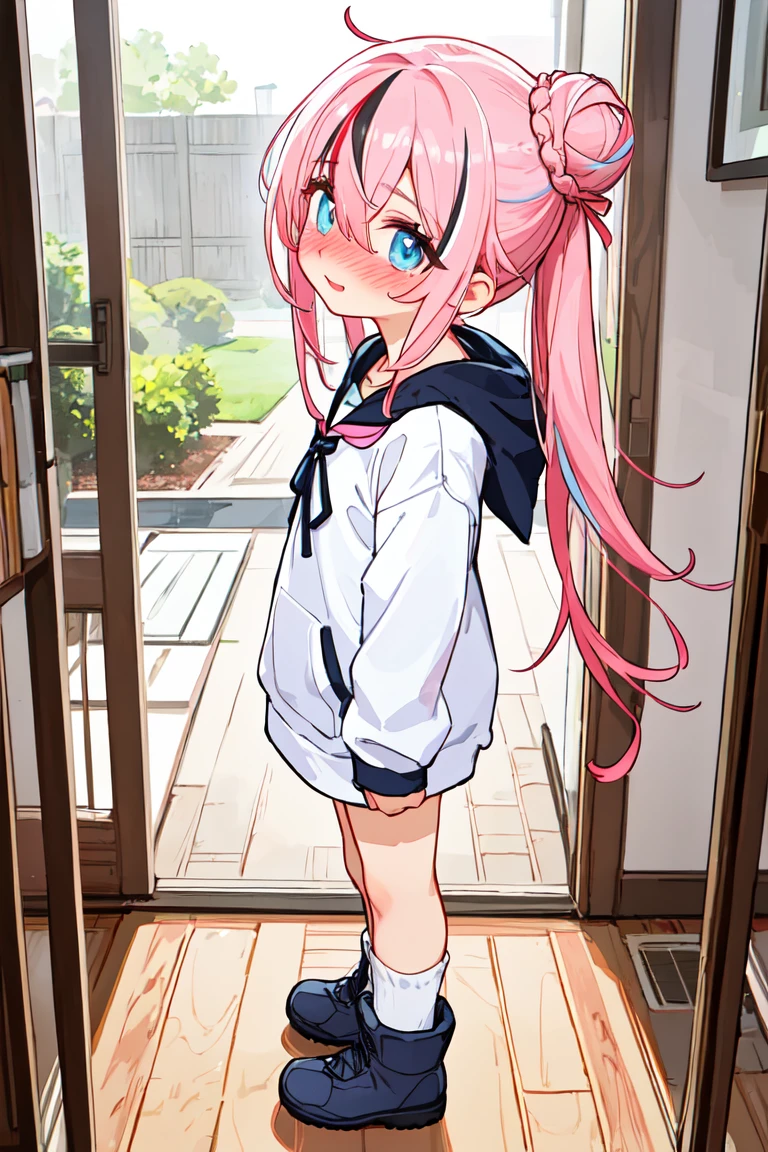 beautiful illustrations, highest quality, (12 year old girl:1.4)、(pretty girl:1.5)、、(Fainting、Suspension from the ceiling、Lock、restraint:1.3)、flat chest、sailor collar、(White long tunic)、long sleeve sailor suit、Blue-line cuffs、(pink chino shorts:1.4)、(pink shorts with wide opening:1.2)、Gap between thigh and pants、slim thighs、white socks、 cinematic lighting, (pink long hair)、pink straight hair、redness of cheeks、(Braiding of the back of the head)
