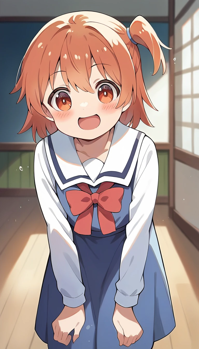 score_9, score_8_up, score_7_up, source_anime, masterpiece, rating_safe, 1girl, solo, hinata, one side up, blue dress, white sailor collar, white long sleeves, red bow, happy, blush, indoors, looking at viewer, cowboy shot <lora:HinataHoshinoPONYXL:0.8>, leaning forward