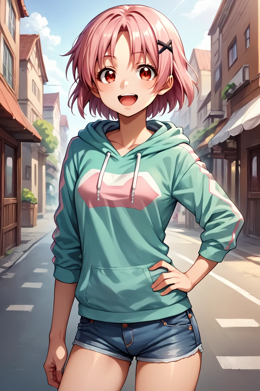 score_9, score_8_up, score_7_up, source_anime BREAK 1girl, solo, cowboy shot, (short stature:1.2), gakkou_yuki, (hoodie:1.2), jumper, denim shorts, pink hair, red eyes, short hair, looking at you, smile, open mouth, hand on hip, <lora:gakkou_yuki:1>