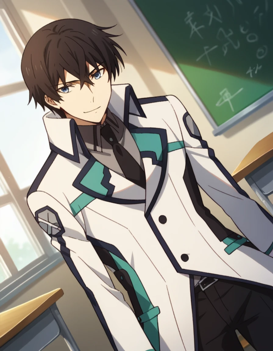 score_9, score_8_up, score_7_up, source_anime,
tatsuyashiba, <lora:tatsuya-shiba-s2-ponyxl-lora-nochekaiser:1>,
tatsuya shiba, blue eyes, black hair, male focus,
necktie, pants, black pants, school uniform, long sleeves,
indoors, classroom, smile,
cowboy shot, looking at viewer, solo, dutch angle,