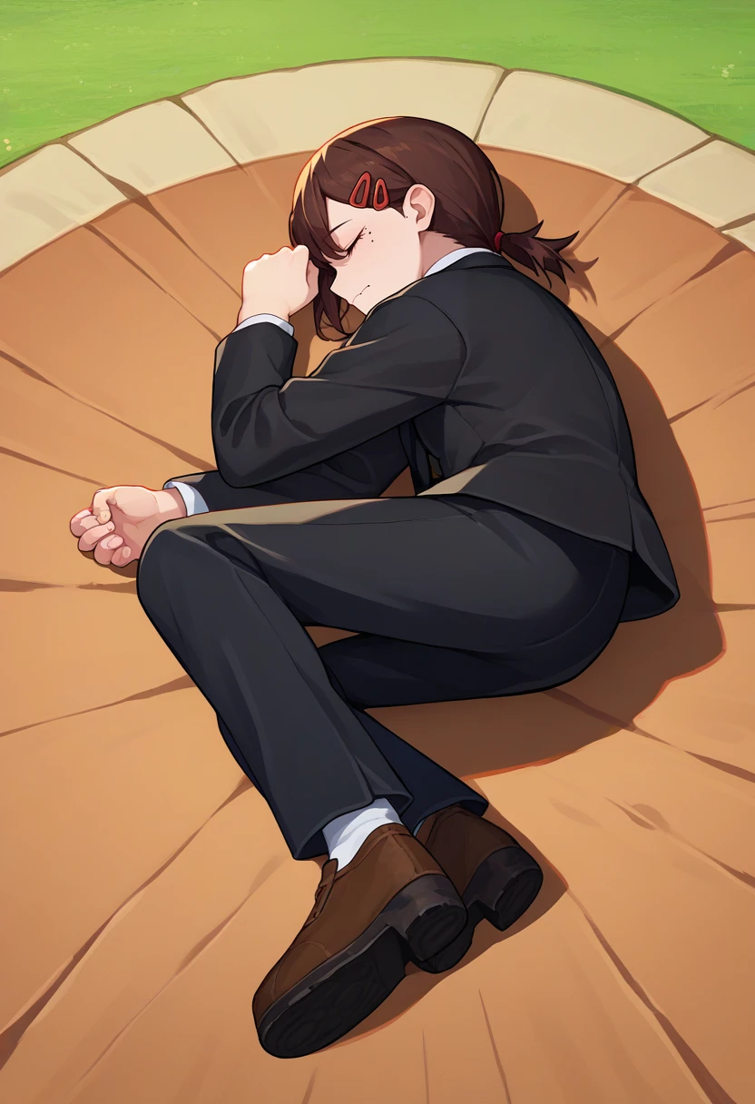 score_9, score_8_up, score_7_up, source_anime, solo, 1girl, kobenidef, mole under eye, mole under mouth, yamchapose, lying, on side, single sidelock, short ponytail, hairclip, brown hair, closed eyes, black jacket, suit jacket, white shirt, collared shirt, black necktie, long sleeves, black pants <lora:csm_higashiyamakobeni_ponyXL:1> <lora:meme_yamchapose_ponyXL:1>