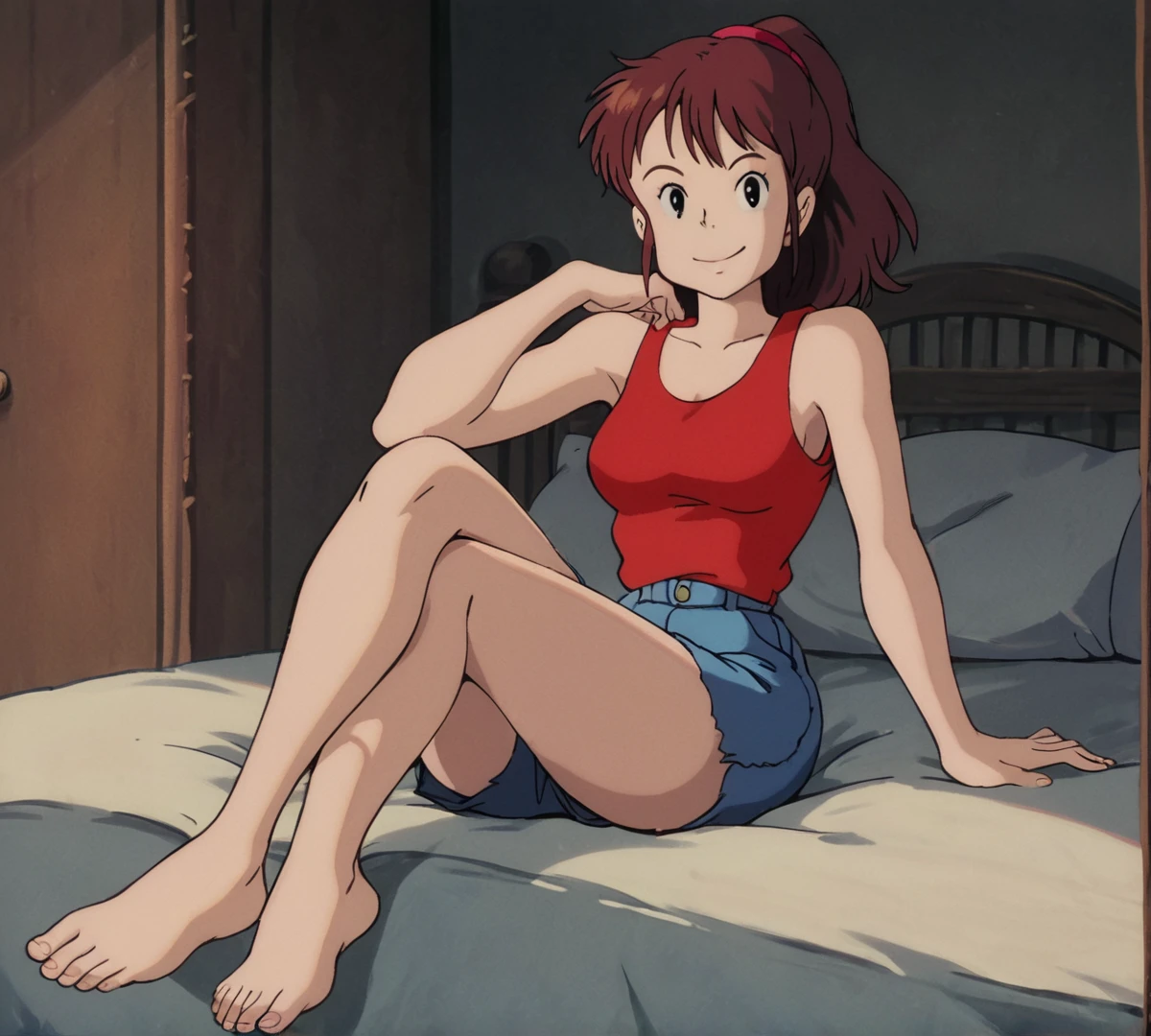 Ursula, black eyes, zPDXL, best quality, amazing quality, score 9, 1girl, red shirt, tank top, indoors, on bed, legs crossed, sitting, looking at viewer, blue shorts, smile, full body, retro artstyle, <lora:Ursula:0.8>