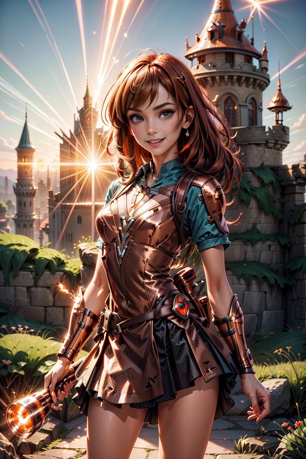<lora:NativeCopperWorld:1> (NativeCopperWorld:1.1) (Cinematic Shot:1.3) (skinny, slim, slender, narrow waist:1.3) ((Photo Focus, DOF, Aperture, insanely detailed and intricate, character, hypermaximalist, hyper realistic, super detailed, (lens flare))) (wearing a princess bra and skirt:1.3) (standing inside a castle:1.3) <lora:more_details:0.3> (Smile:1.4)