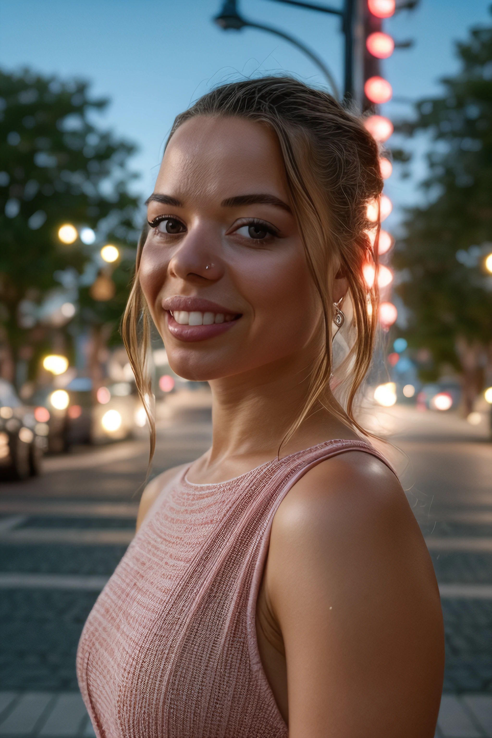 cinematic still yanya, face features, lips, pale skin, portrait,glamour, smile, shiny hair, ponytail, pink lips, bombshell, black dress, (outdoors, streetlamp) seductive, (looking at viewer), sunlight through hair, <likenesshelpbyshurik3>:0.7 . emotional, harmonious, vignette, highly detailed, high budget, bokeh, cinemascope, moody, epic, gorgeous, film grain, grainy . emotional, harmonious, vignette, highly detailed, high budget, bokeh, cinemascope, moody, epic, gorgeous, film grain, grainy
