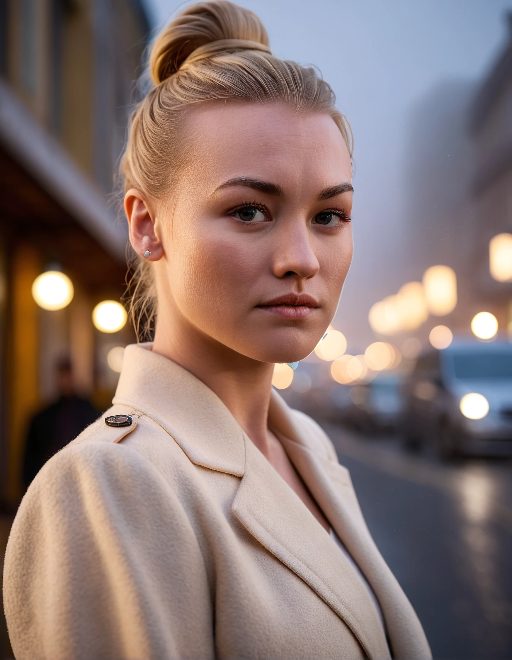high resolution photo of yvstr woman,blonde hair bun,looking at camera,close-up,in street,bokeh,depth of field,masterpiece,volumetric fog,volumetric lighting,cinematic