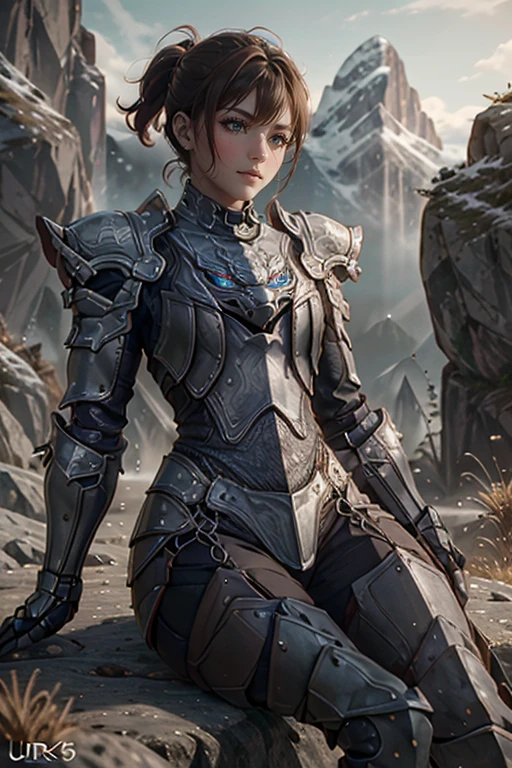 <lora:HXarmour_068:0.9>,MOUNTAIN,Crossed legs,, hxarmour,1girl,(brown armour:1.3),, ultra-detailed,extremely delicate and beautiful,(by exquisite colors block),masterpiece,best quality,unreal engine 5 rendering,movie light,movie lens,movie special effects,detailed details,HDR,UHD,8K,CG wallpaper,