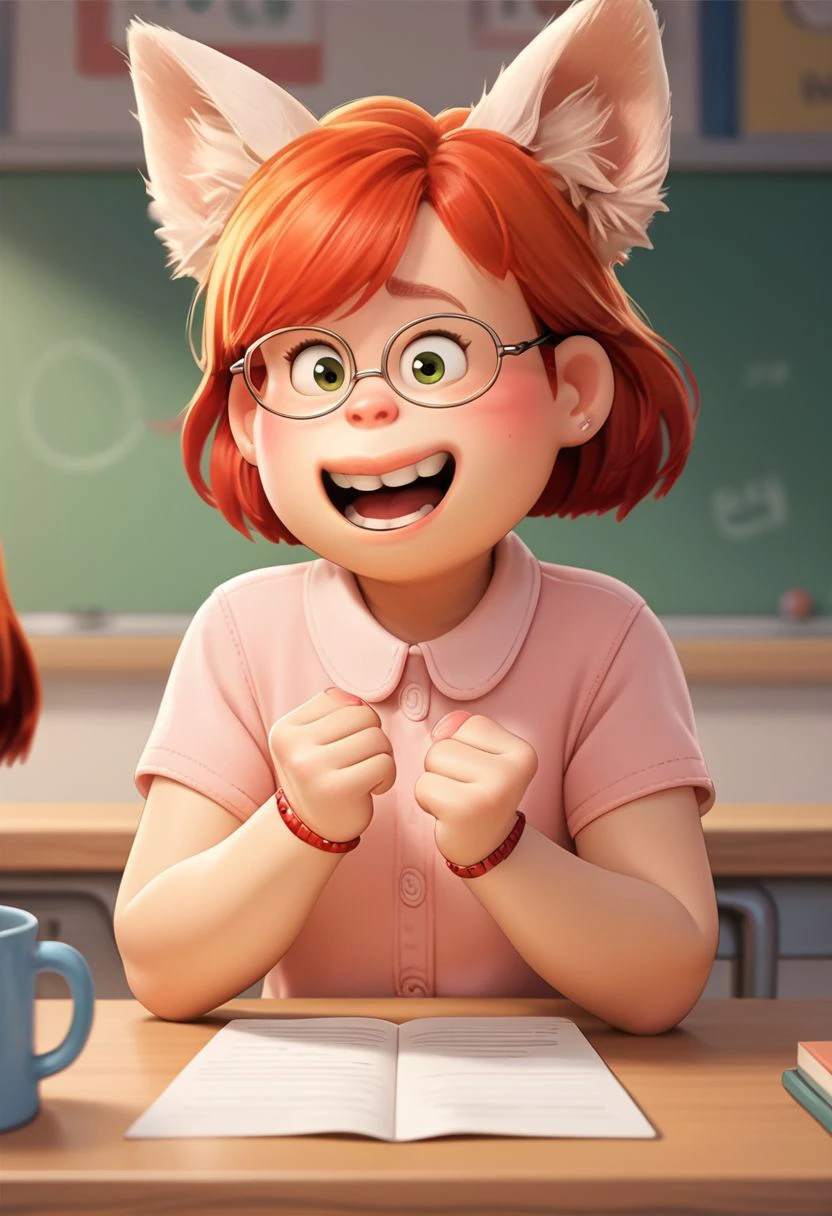 score_9, score_8, score_7, score_6, Mei Lee, 1girl, rating_questionable, at a desk, animal ears, red hair, happy