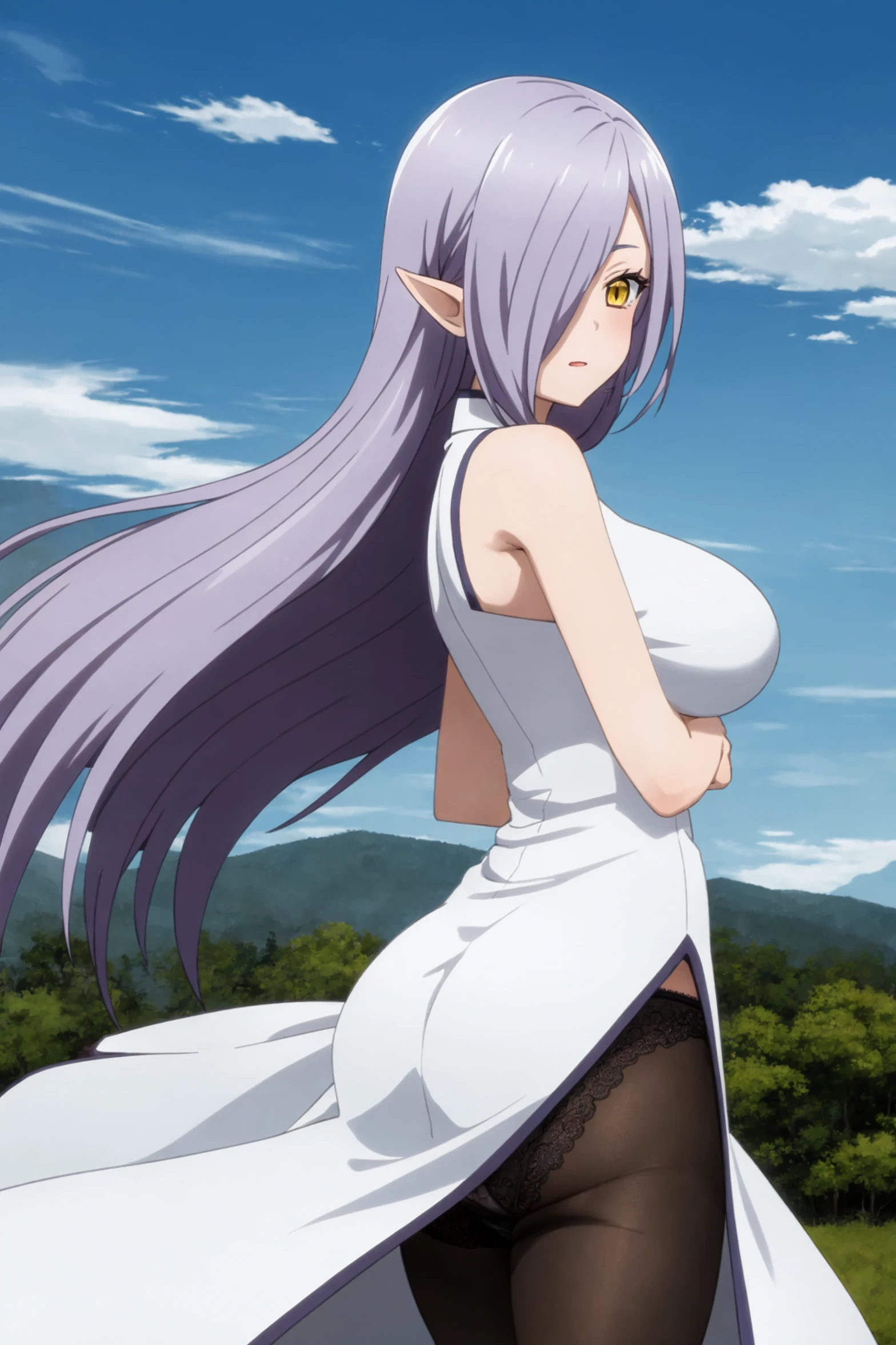 masterpiece, best quality, anime coloring
BREAK
kyarotto_olis, purple hair, very long hair, hair over one eye, pointy ears, yellow eyes, sleeveless dress, white dress, long dress, side slit, black pantyhose, large breasts, looking at viewer, wind lift, panties under pantyhose, (lace panties:1.3)
BREAK
1girl, solo, cowboy shot, from side
BREAK
wind, nature, mountain, forest, blue sky
<lora:kyarotto_PeachBoyRiverside_sd1.5_v1:1>