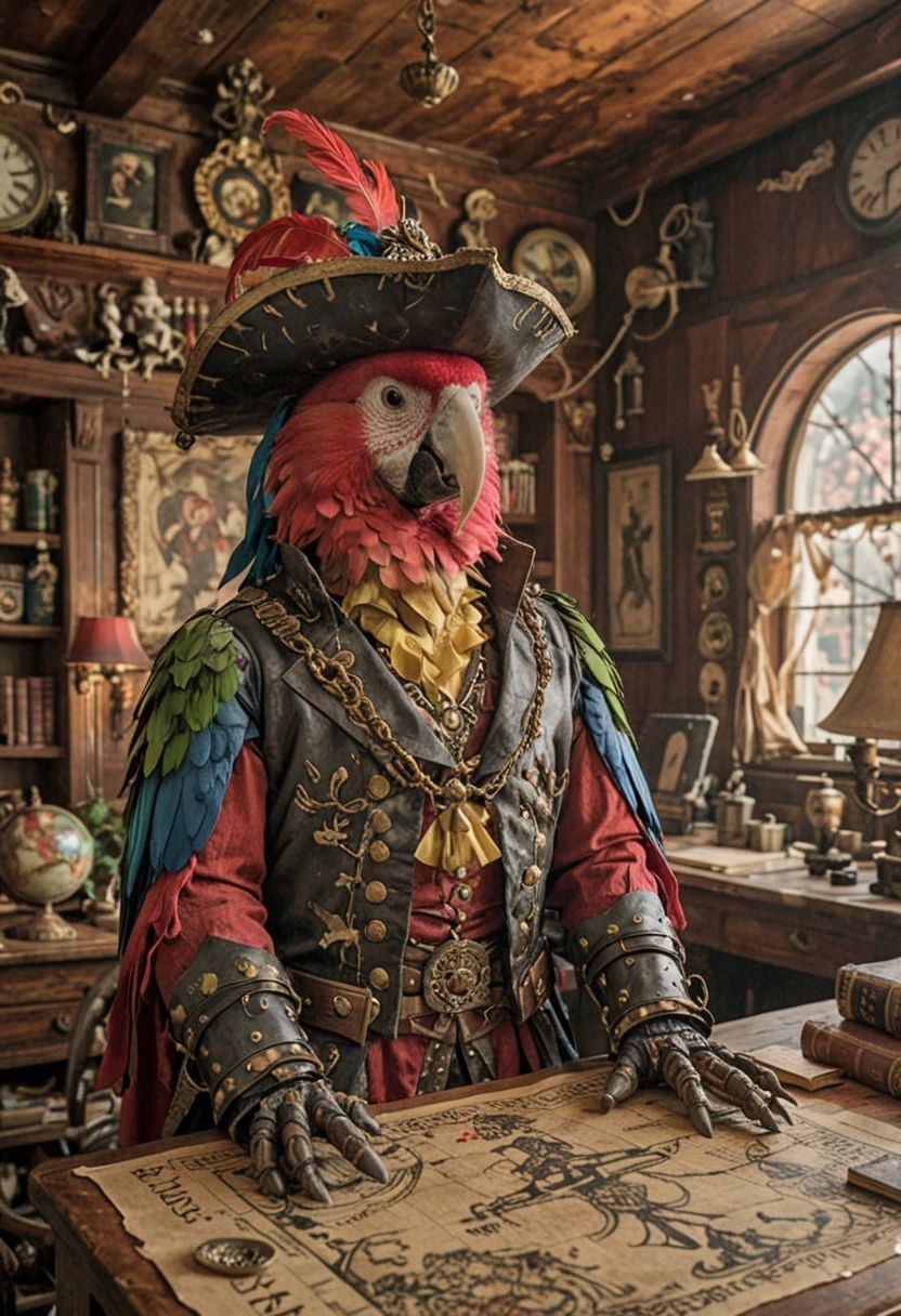 Craft an epic, cinematic scene blending (Human | Parrot) characteristics into one magnificent hybrid Cyborg entity, standing alone in the Captain's Quarters of a grandiose Pirate Ship. Imagine a regal figure with a Natural, Multicolored human Parrot Head seamlessly melded onto a fully functional Human robot Body, complete with taloned feet. Wearing a Pirate Hat. Arrange the layout according to the Rule of Thirds, positioning the main subject slightly offset from center stage while maintaining direct eye contact with the Viewer. Set against the backdrop of a sprawling Pirate Treasure Map strewn carelessly across the room's opulent writing desk, inject splashes of vibrant color throughout the frame to keep the audience enthralled and invested in the narrative. style of Victor Moscoso, style of Todd McFarlane, style of Ruan Jia.