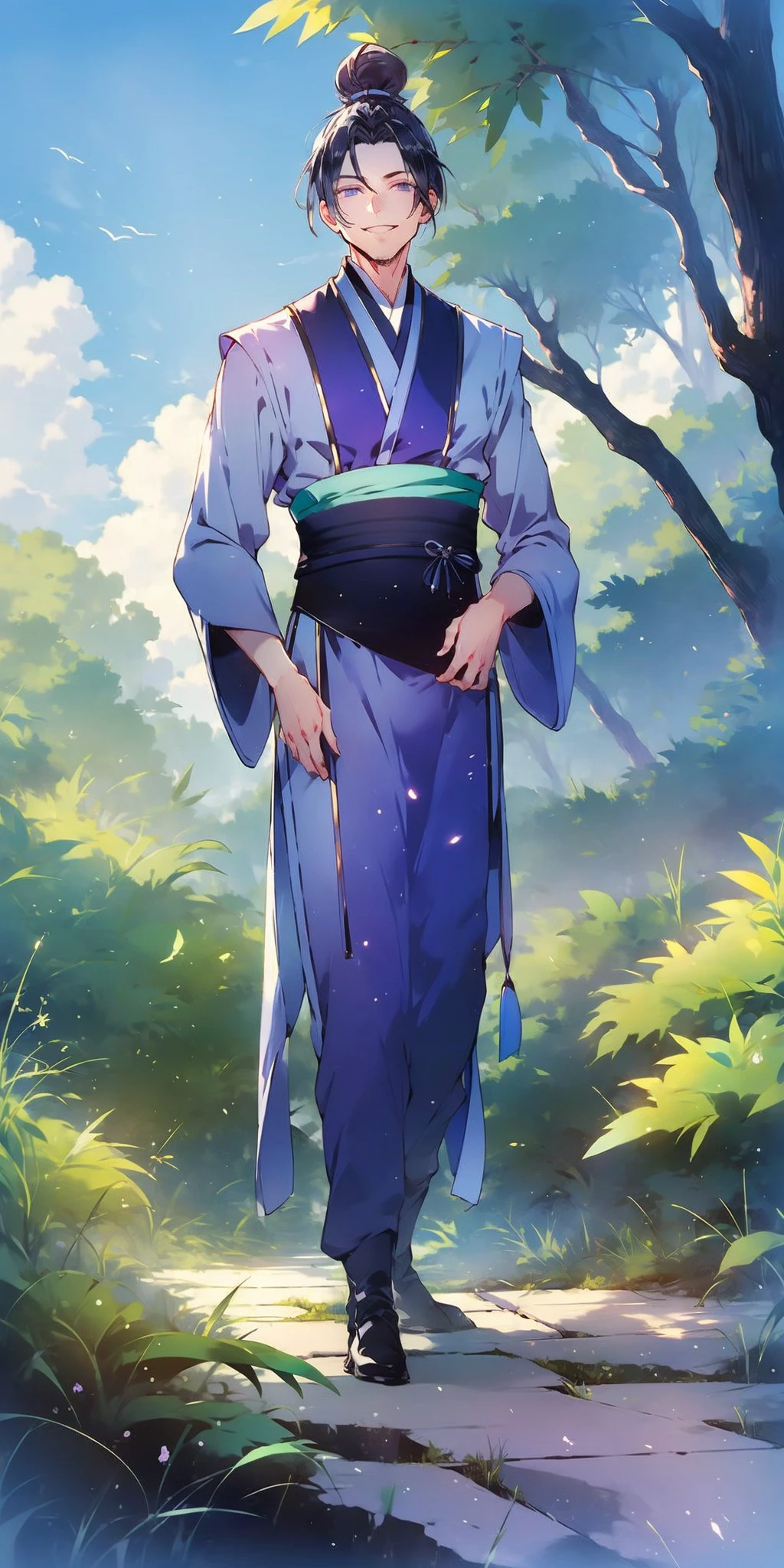 full body, (masterpiece), best quality, expressive eyes, long eyelashes, perfect face male face,   looking at viewer, ebony black hair, parted bangs, top bun, hot smile, wearing a purple hanfu, male hanfu, chinese clothes, in a misty forest with blue skies, green trees, bushes., <lora:12f6e737-6195-489d-a20b-2a17da6b1aba:0.4>, <lora:Flower_field_20230729165144:0.5>, <lora:ac8e3a93-fc4e-4fc7-94b5-1b6d2bd4263e:0.4>, <lora:beautiful_detailed_eyes:0.5>