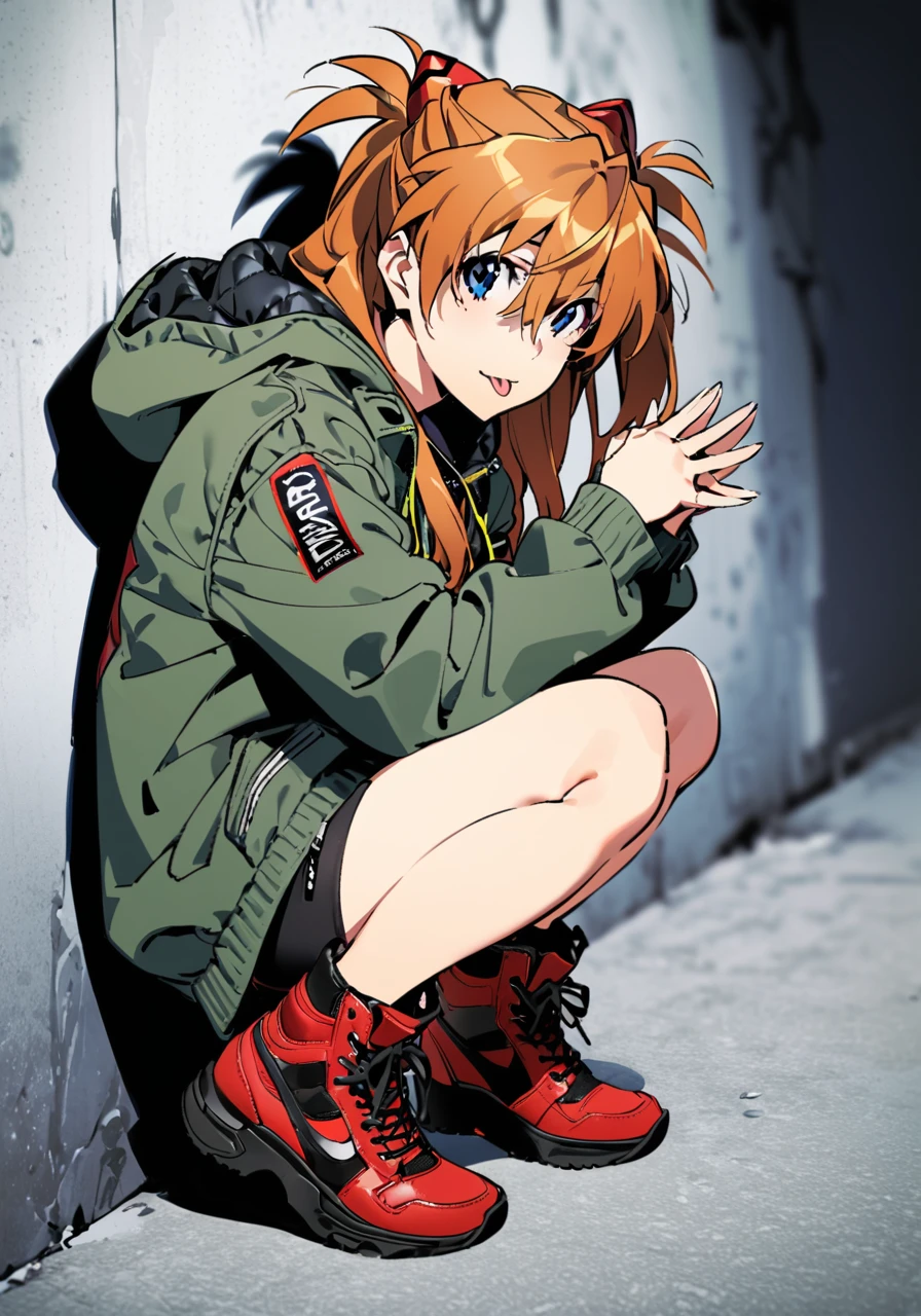 masterpiece, best quality, <lora:yoneyama-a31:1>,yoneyama mai, 1girl, souryuu asuka langley, solo, blue eyes, hood, tongue, tongue out, jacket, long hair, looking at viewer, bag, red footwear, squatting, hoodie, orange hair, pants, shadow, hood down, boots, full body, hair ornament, alternate costume, green jacket, long sleeves, brown hair, bangs, own hands together, casual, hair between eyes, against wall, camouflage, hooded jacket, open mouth, ponytail, :p