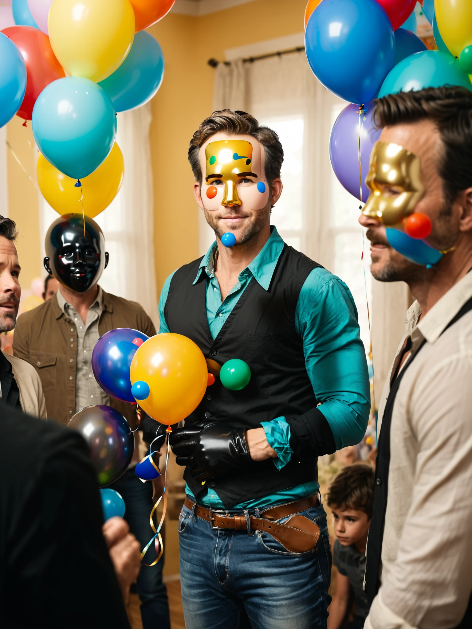 1boy, 2boys, balloon, belt, black gloves, bodysuit, collared shirt, male focus, mask, Ryan Reynolds at a birthday party with Hugh Jackman, mcudpstyle, multiple boys, natural lighting, soft dof, hyperrealistic , hyperdetailed photography, soft light, mcudpstyle, <lora:MCU-DeadpoolMovieStyle:0.8>