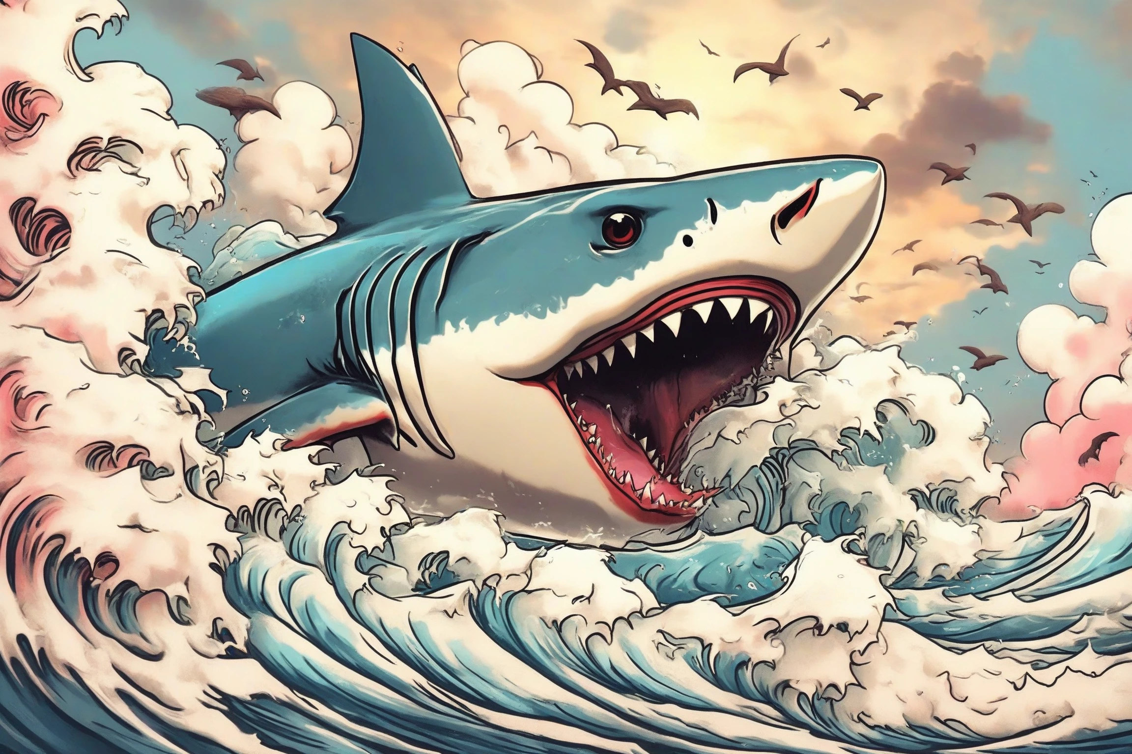 A menacing shark breaking through turbulent waters, with its mouth wide open, revealing sharp teeth and a pink, flesh-like tongue. The shark's eyes are focused intently forward. Above the shark, the sky is painted with fluffy clouds and a few birds can be seen flying. The waves crash around the shark, creating a sense of movement and danger.