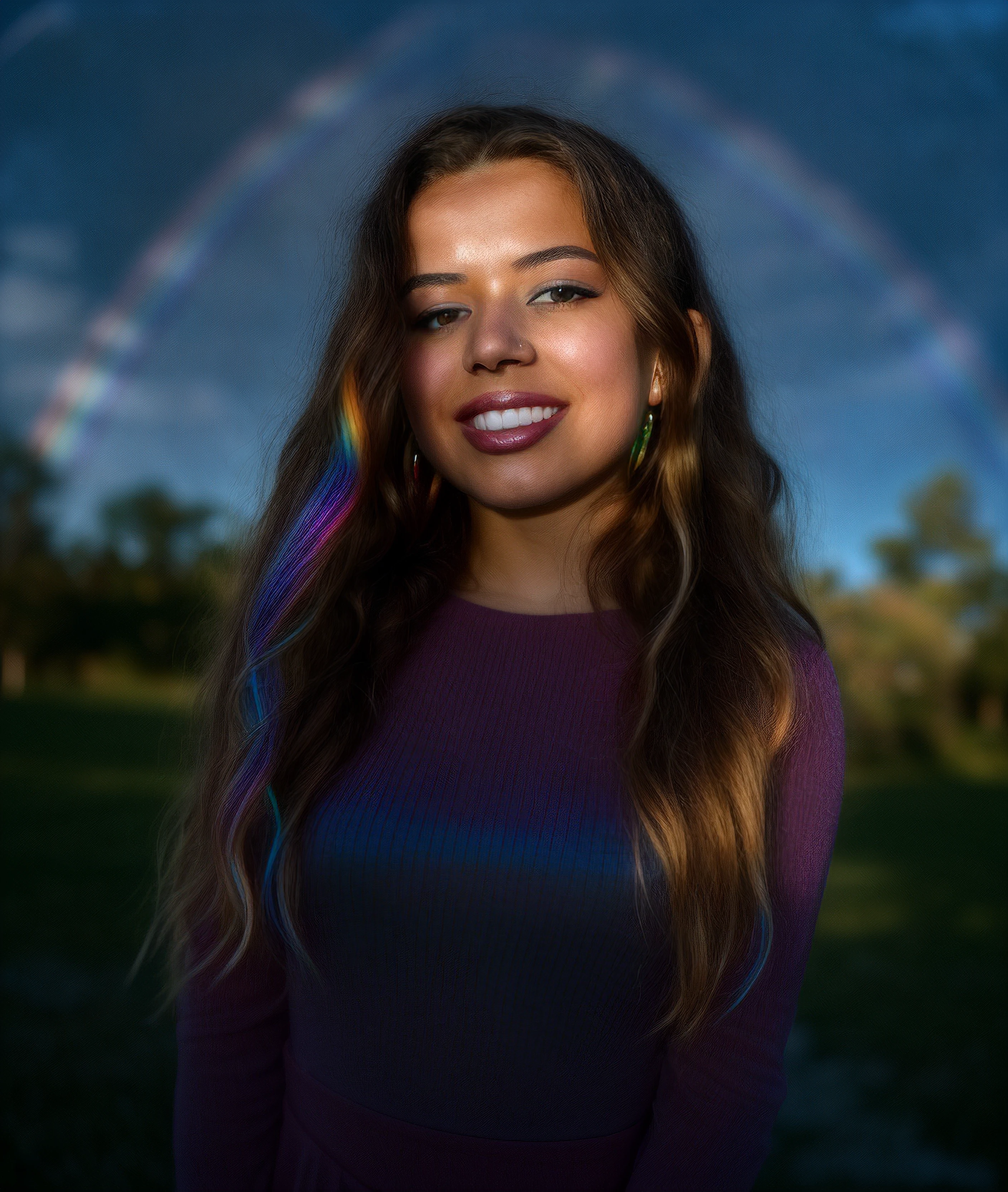  1girl, looking at viewer,  eye details, 8k,(((rainbow colors))) high contrast, oversaturated colors, long-sleeve dress, (black hair), grin, eyeliner, makeup, 8k, ultra-hd, glowing hair, sunlight through hair, lipstick, earrings, ((bokeh background)), <as_youngv2> . emotional, harmonious, vignette, highly detailed, high budget, bokeh, cinemascope, moody, epic, cute, gorgeous, film grain, grainy